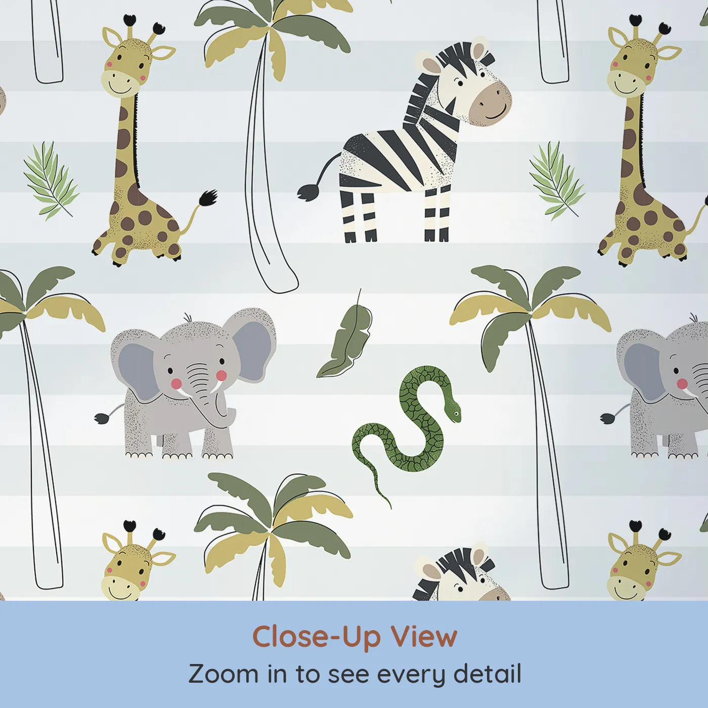 Close-up view of Whimsy Tots' Striped Safari Parade Wallpaper (W2345).Where a whole parade of safari friends is on the move.