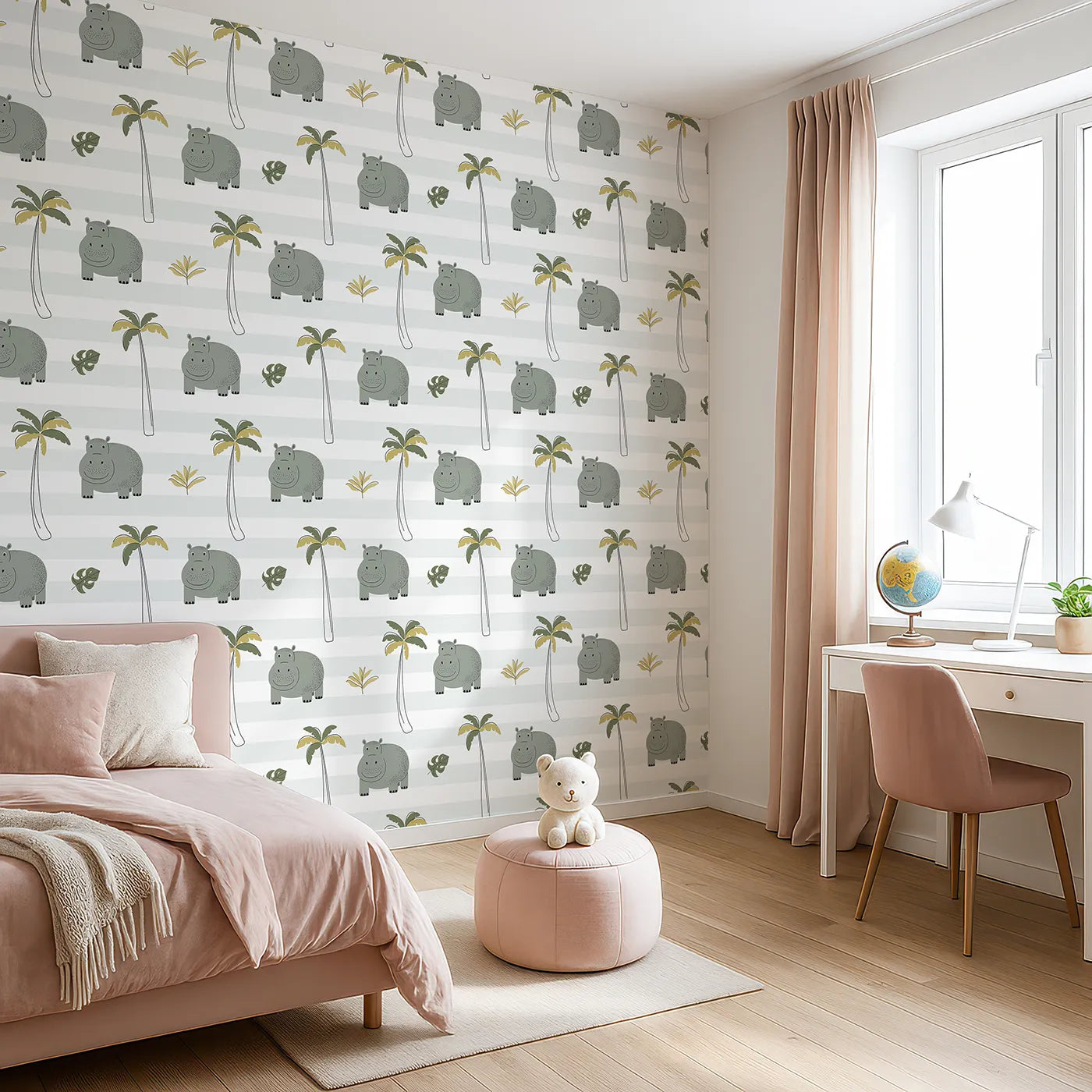 Angled view of Whimsy Tots' Striped Hippo Jungle Wallpaper (W2346).Where a happy hippo is ready for a splashy good time.
