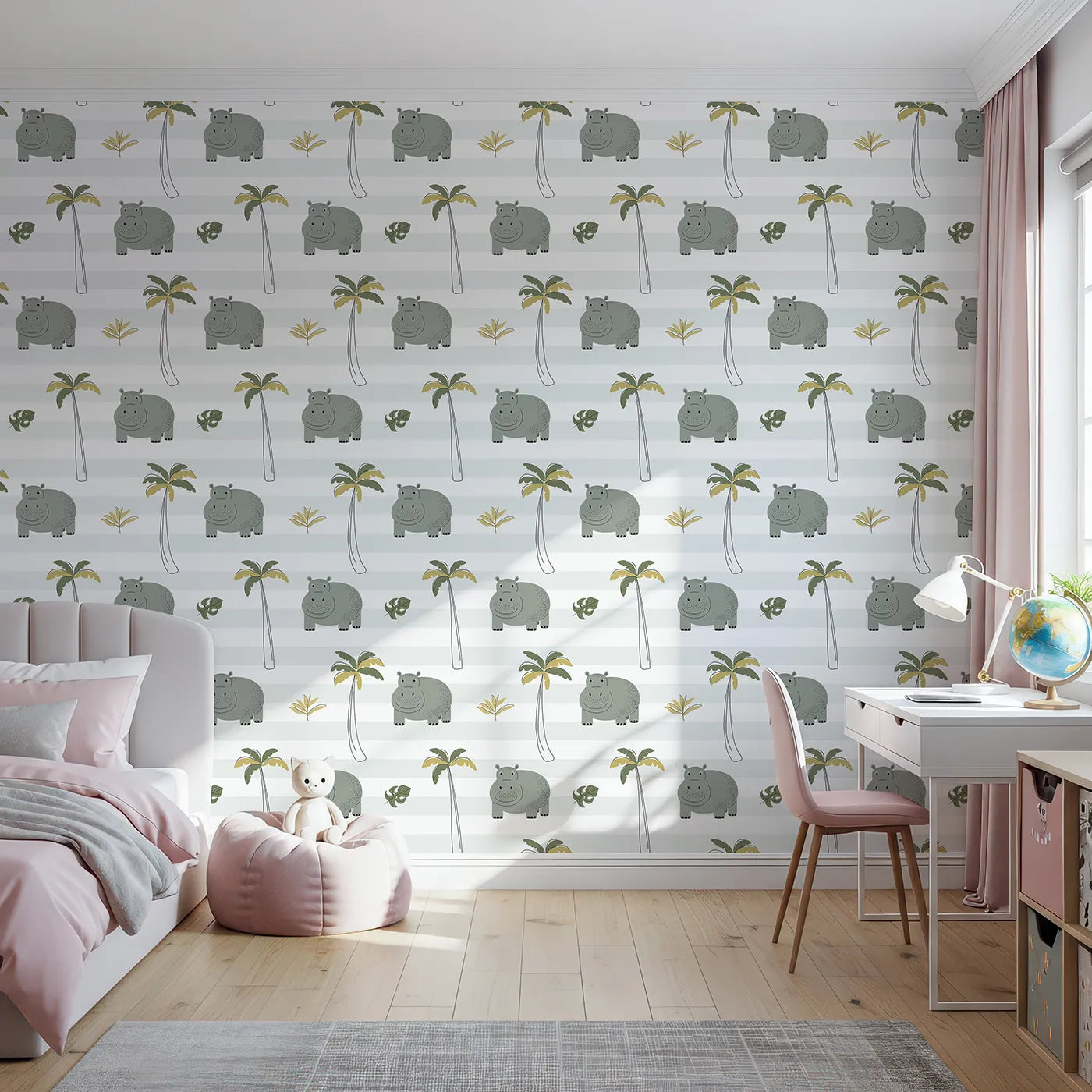 Front view of Whimsy Tots' Striped Hippo Jungle Wallpaper