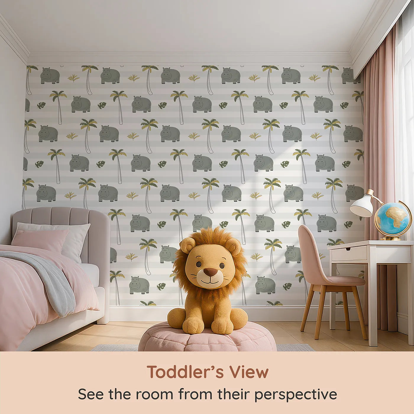 Whimsy Tots Striped Hippo Jungle Wallpaper (W2346) from your child's view.Where a happy hippo is ready for a splashy good time.
