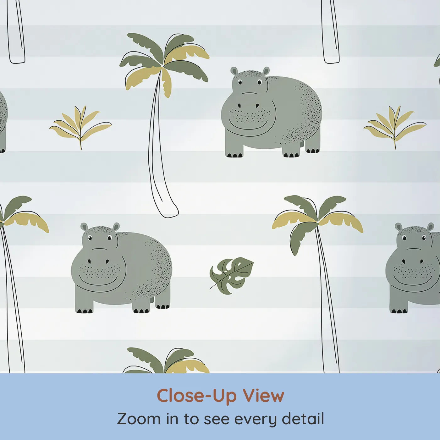 Close-up view of Whimsy Tots' Striped Hippo Jungle Wallpaper (W2346).Where a happy hippo is ready for a splashy good time.