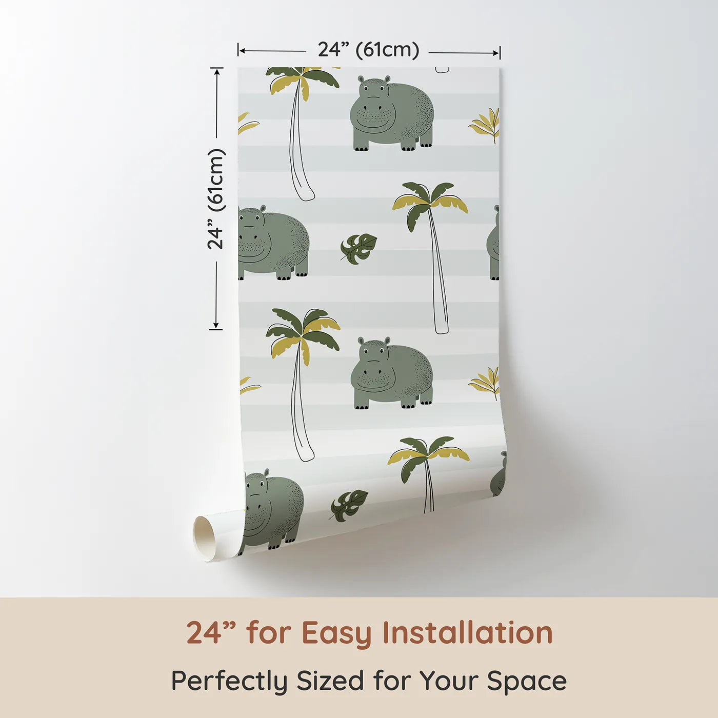 Dimension view of Whimsy Tots Striped Hippo Jungle Wallpaper (W2346). Printed in 24-inch-wide panel for easy installation. Where a happy hippo is ready for a splashy good time.