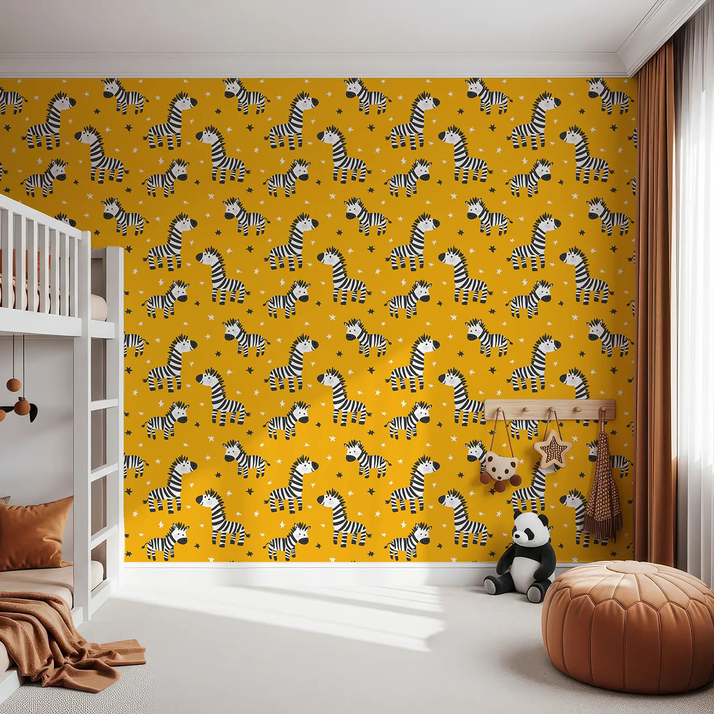 Front view of Whimsy Tots' Starry Zebra Stripes Wallpaper in Yellow