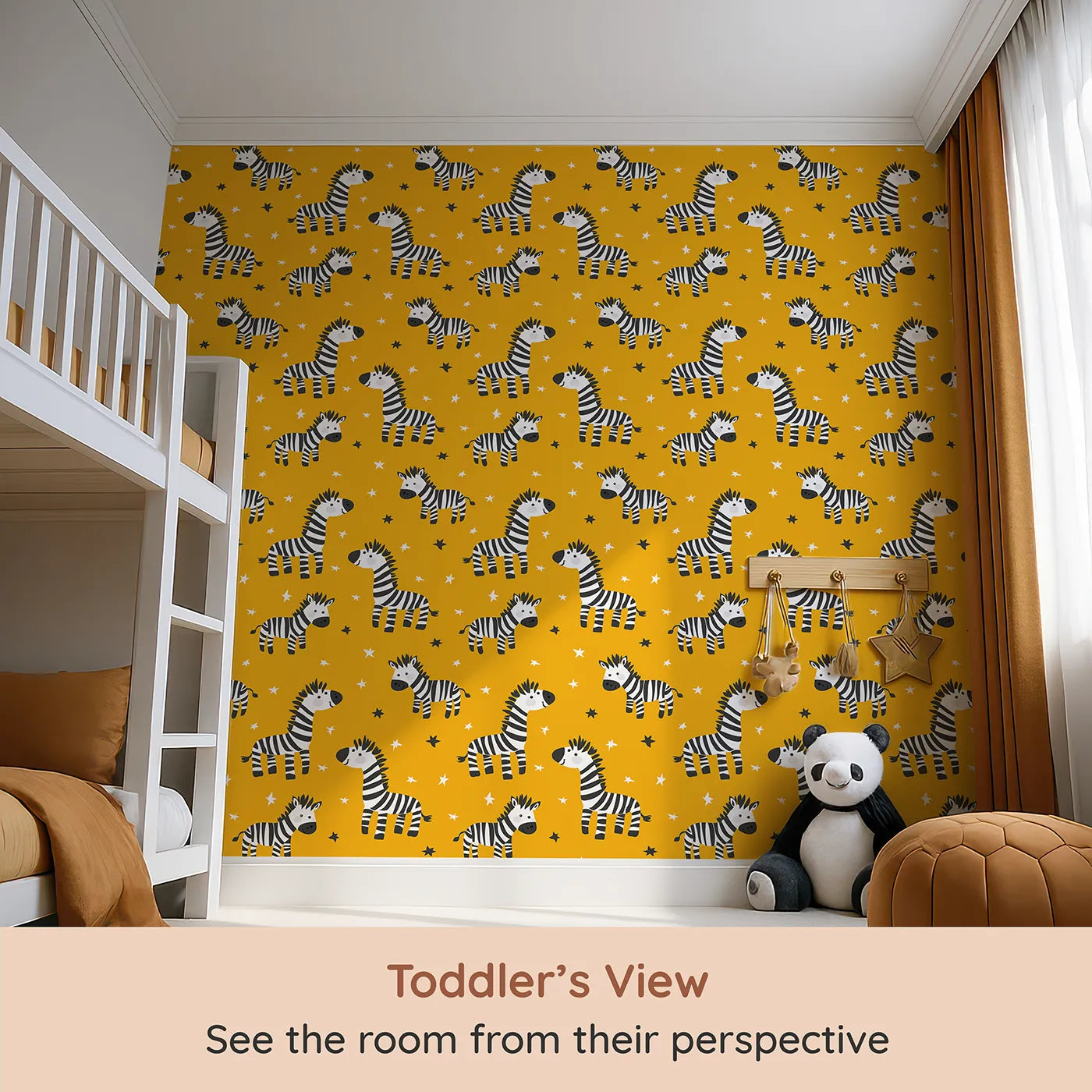 Whimsy Tots Starry Zebra Stripes Wallpaper in Yellow (W2347) from your child's view.Where a herd of happy zebras prances under the stars.