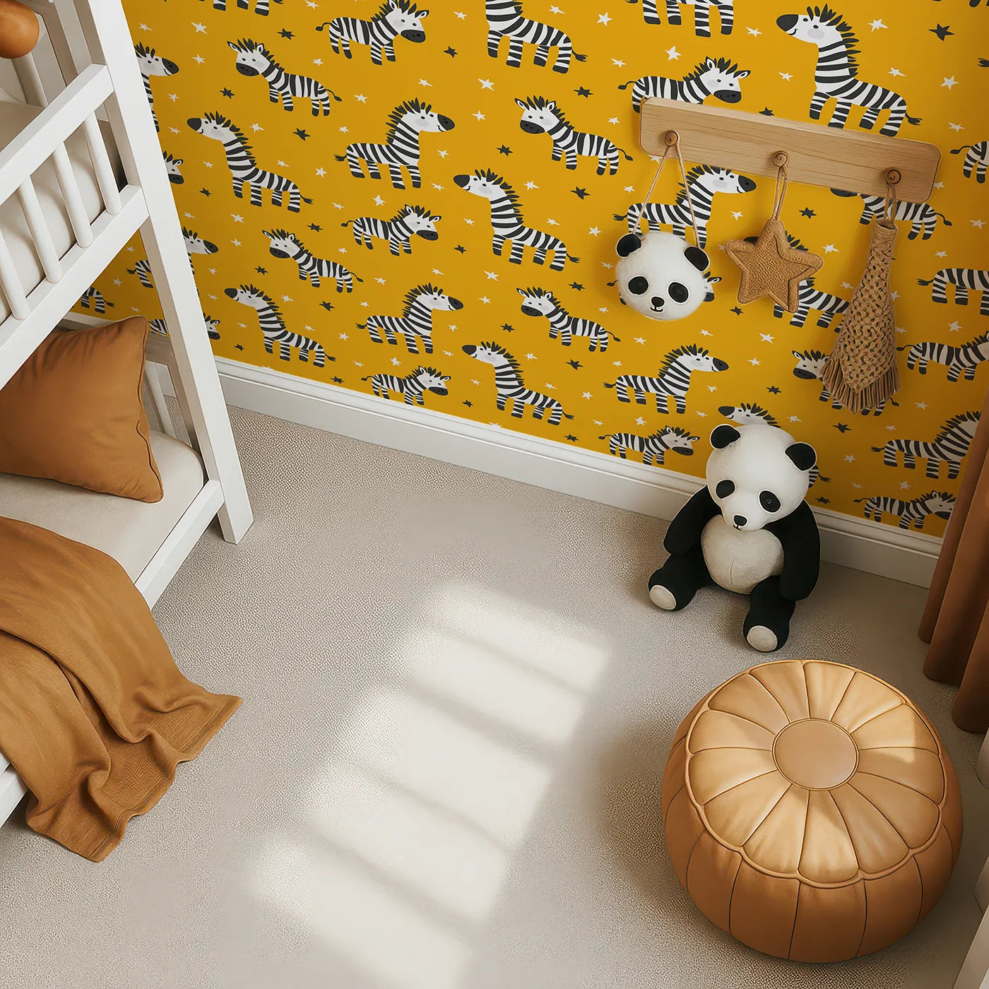 Top-Down view of Whimsy Tots' Starry Zebra Stripes Wallpaper in Yellow (W2347).Where a herd of happy zebras prances under the stars.