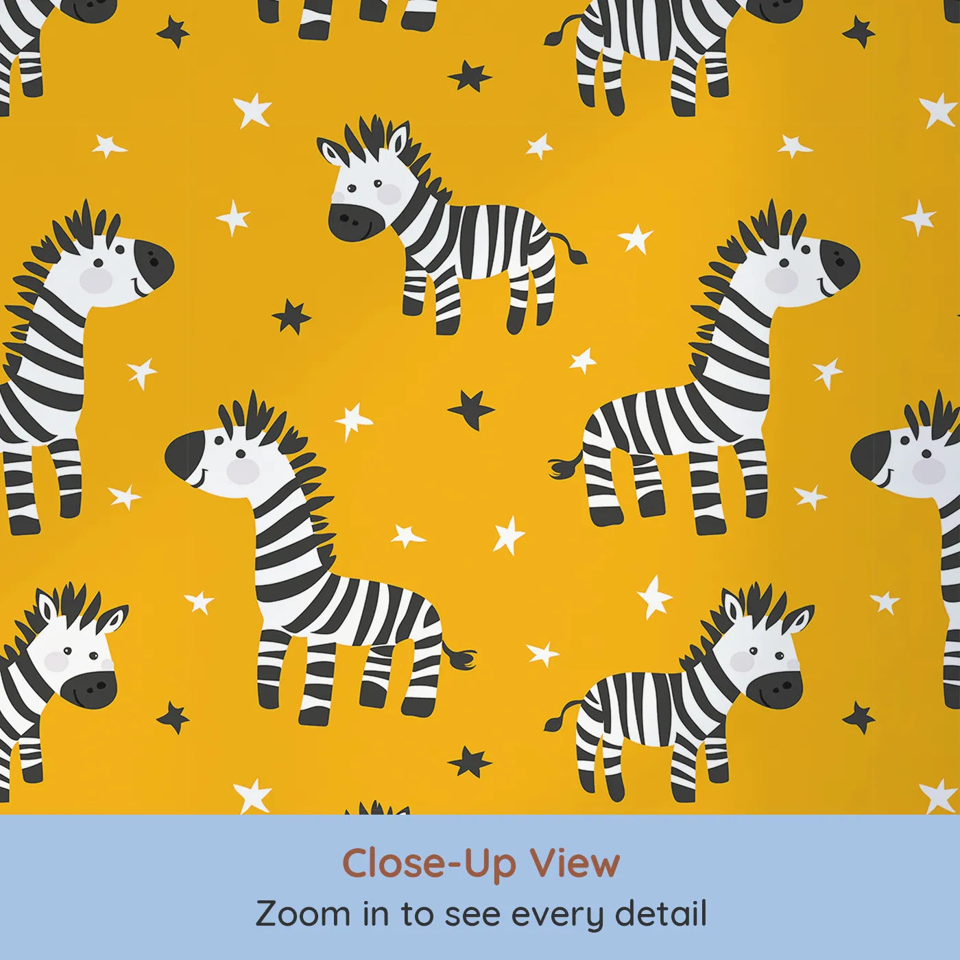 Close-up view of Whimsy Tots' Starry Zebra Stripes Wallpaper in Yellow (W2347).Where a herd of happy zebras prances under the stars.