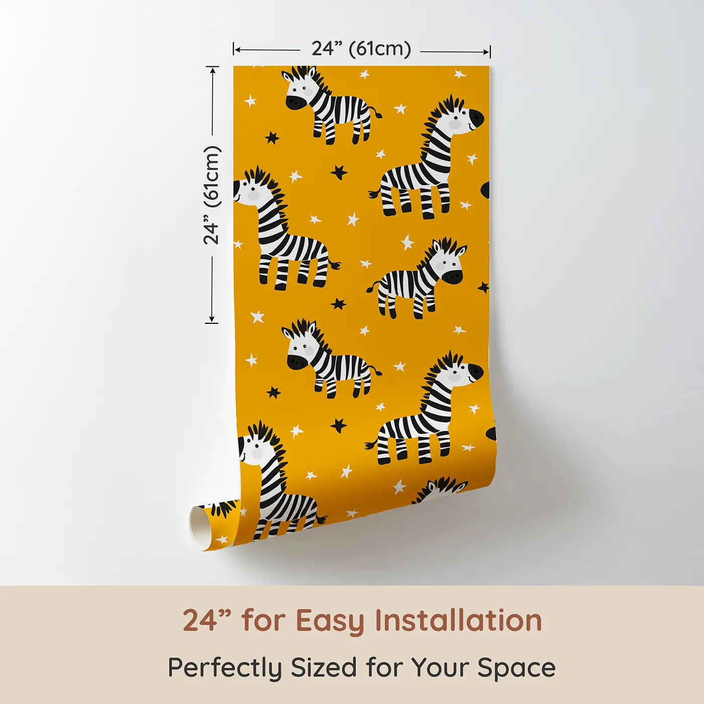 Dimension view of Whimsy Tots Starry Zebra Stripes Wallpaper in Yellow (W2347). Printed in 24-inch-wide panel for easy installation. Where a herd of happy zebras prances under the stars.