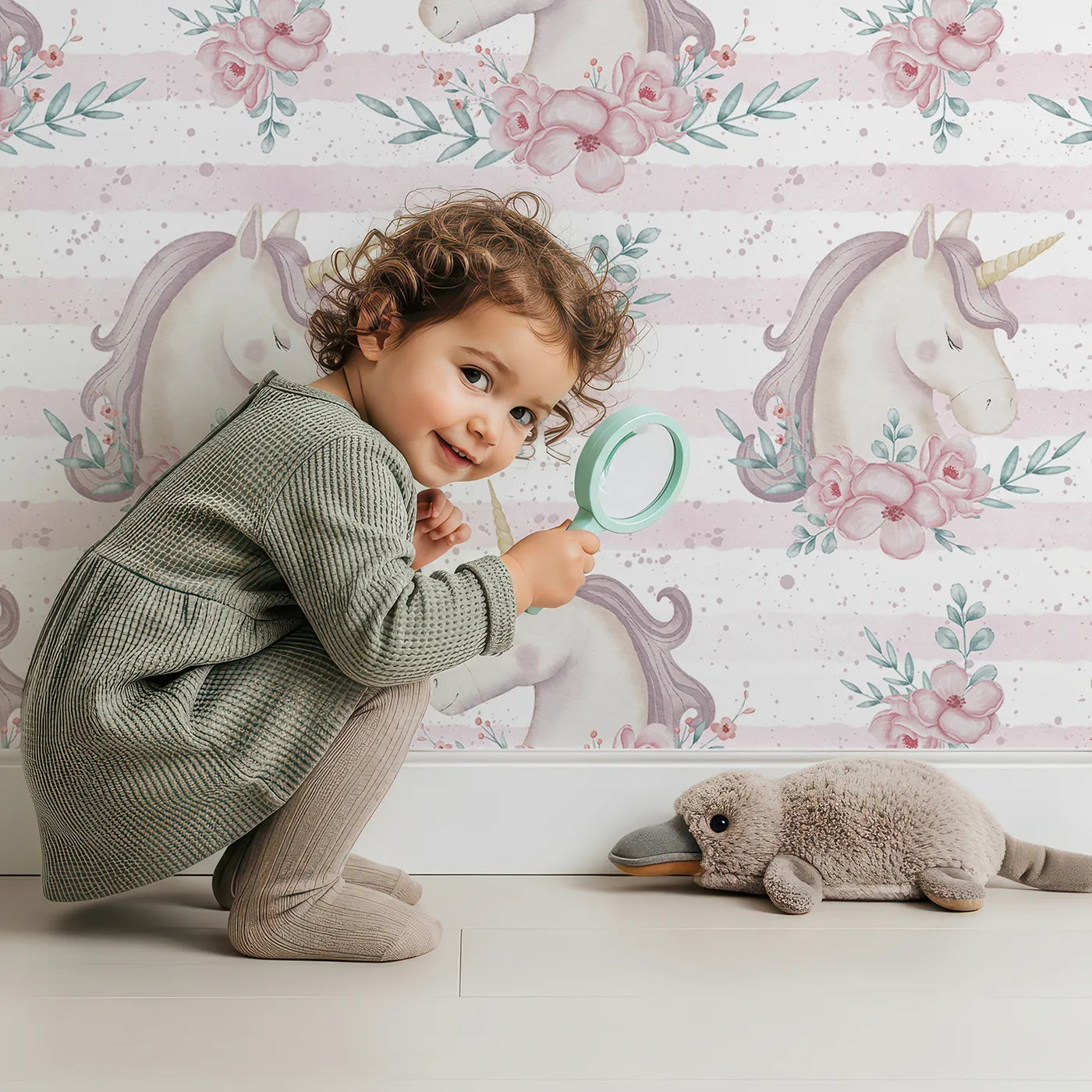Lovely child standing in front of Whimsy Tots Watercolor Unicorn Blooms Wallpaper with unicorn, flower, watercolor, pink, stripe in design.