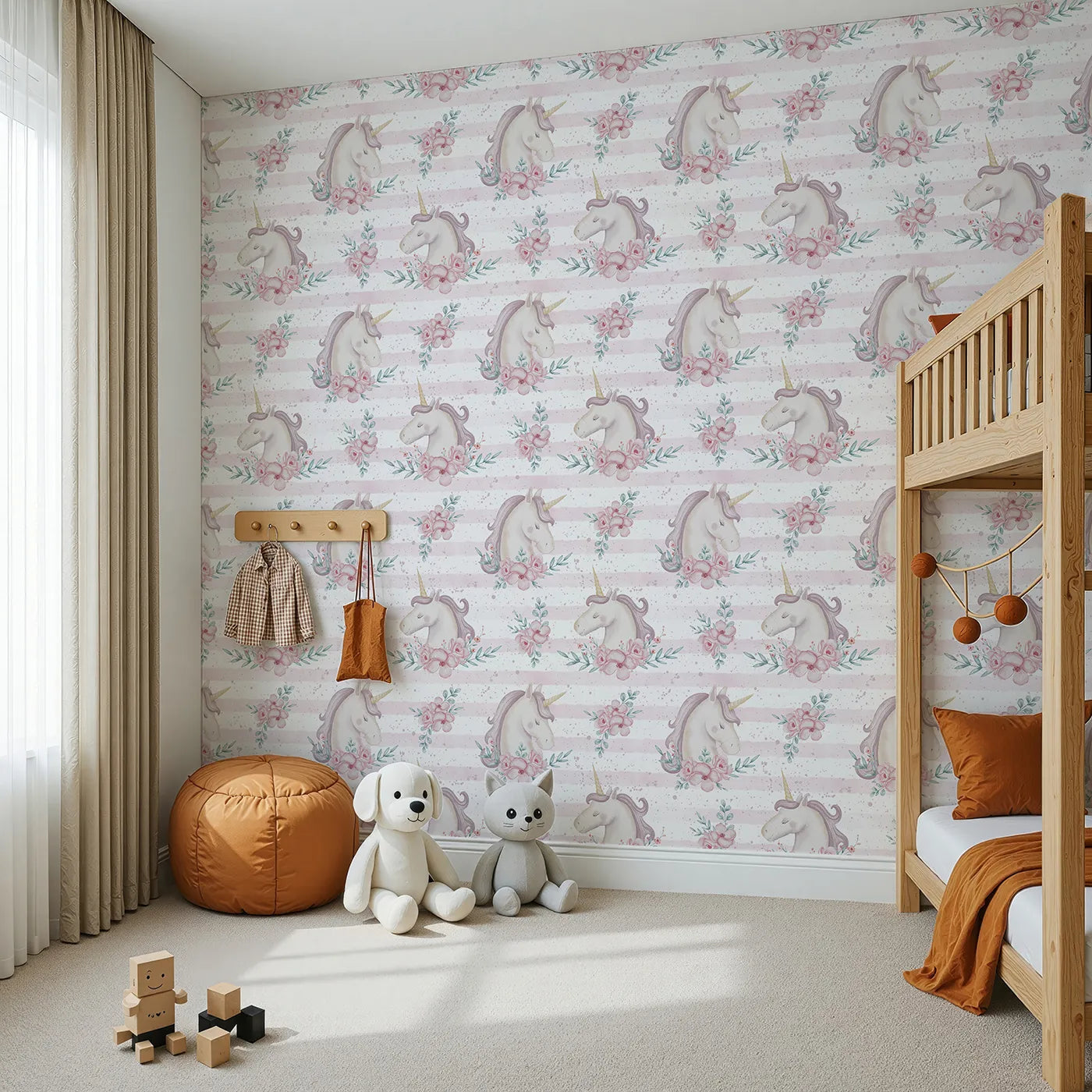 Angled view of Whimsy Tots' Watercolor Unicorn Blooms Wallpaper (W2348).Where a beautiful unicorn rests in a garden of soft, pink flowers.