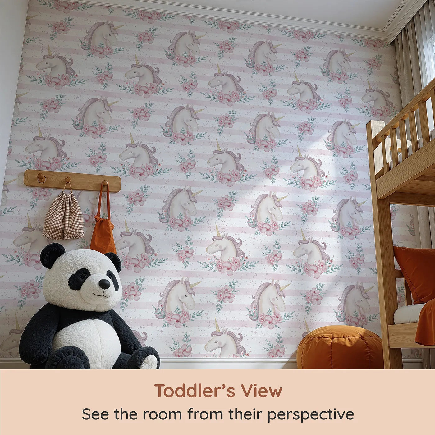 Whimsy Tots Watercolor Unicorn Blooms Wallpaper (W2348) from your child's view.Where a beautiful unicorn rests in a garden of soft, pink flowers.