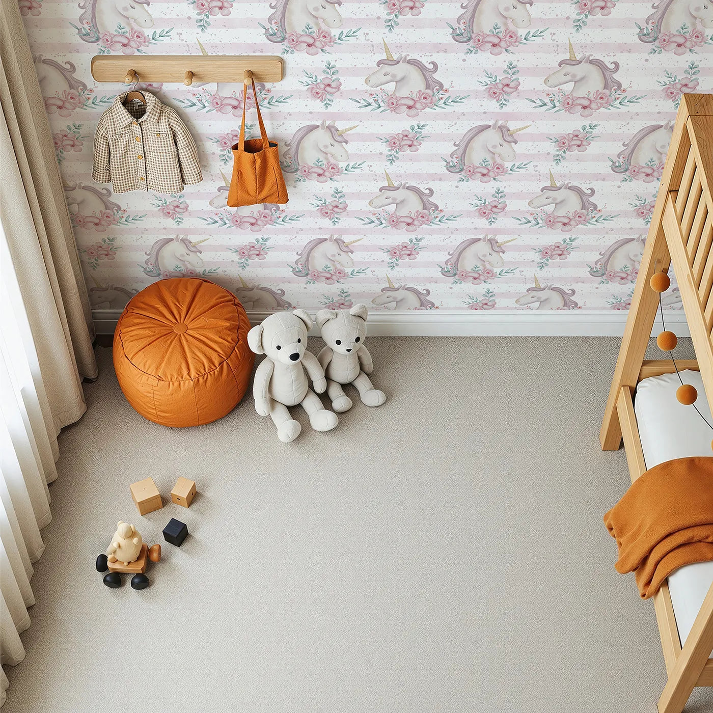 Top-Down view of Whimsy Tots' Watercolor Unicorn Blooms Wallpaper (W2348).Where a beautiful unicorn rests in a garden of soft, pink flowers.
