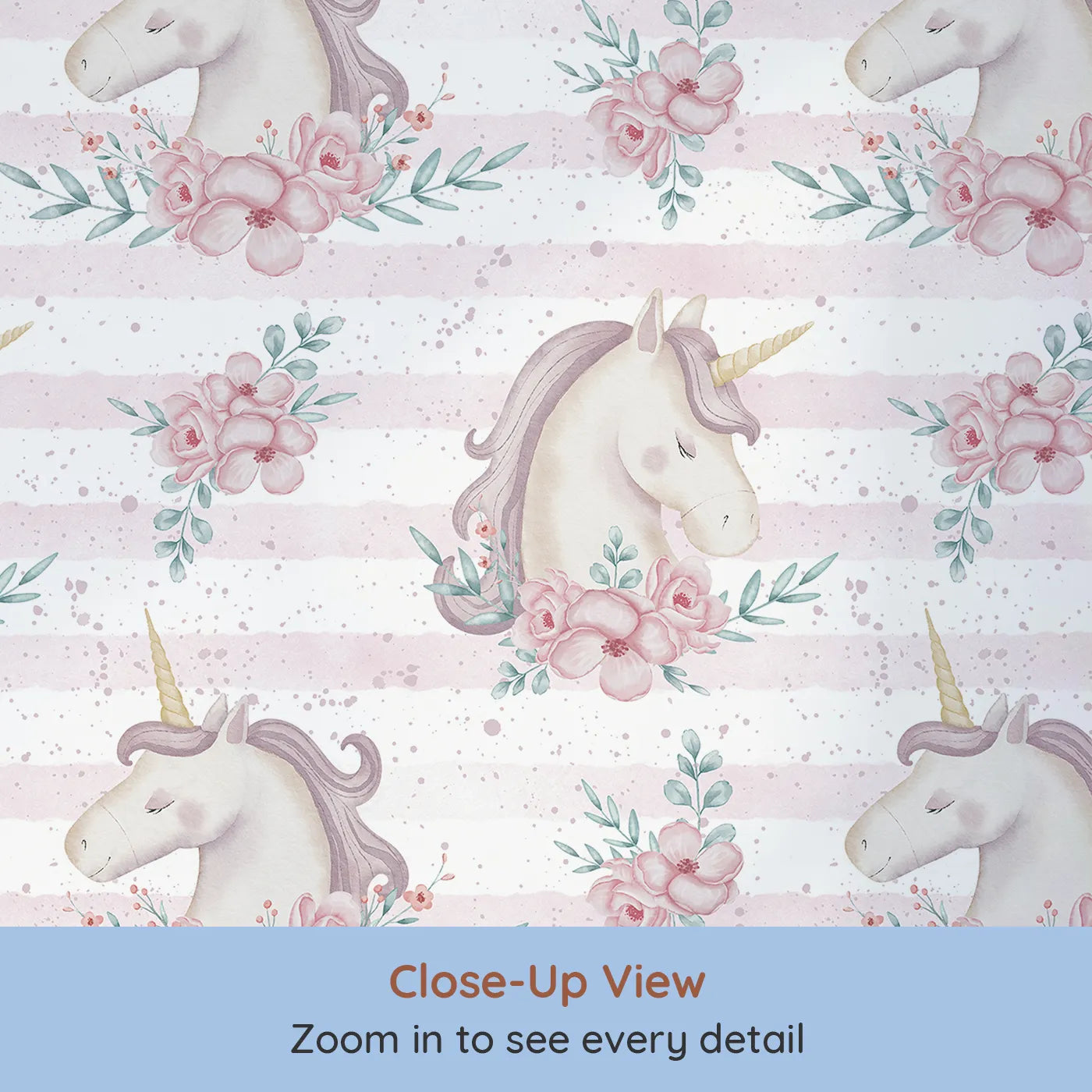 Close-up view of Whimsy Tots' Watercolor Unicorn Blooms Wallpaper (W2348).Where a beautiful unicorn rests in a garden of soft, pink flowers.