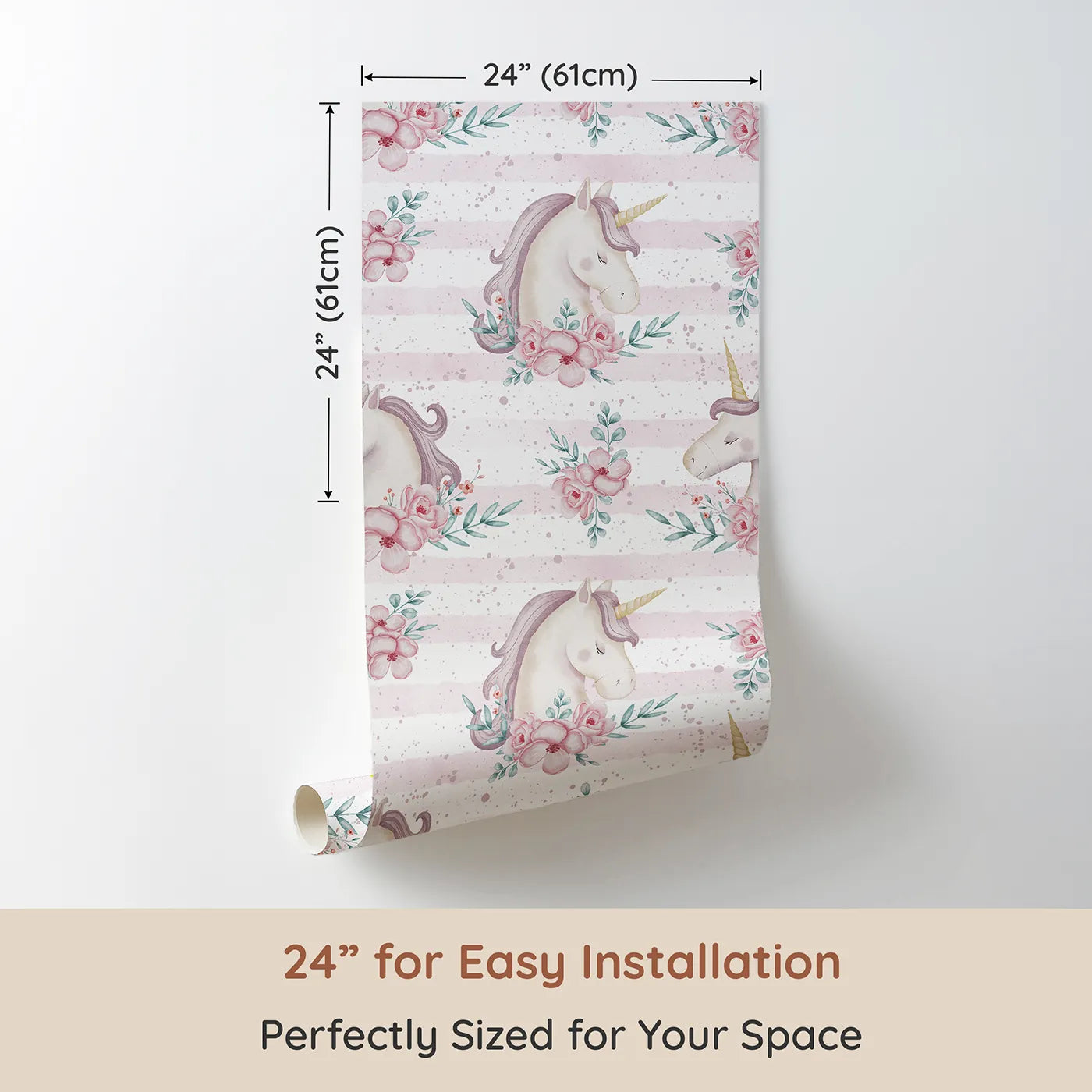 Dimension view of Whimsy Tots Watercolor Unicorn Blooms Wallpaper (W2348). Printed in 24-inch-wide panel for easy installation. Where a beautiful unicorn rests in a garden of soft, pink flowers.