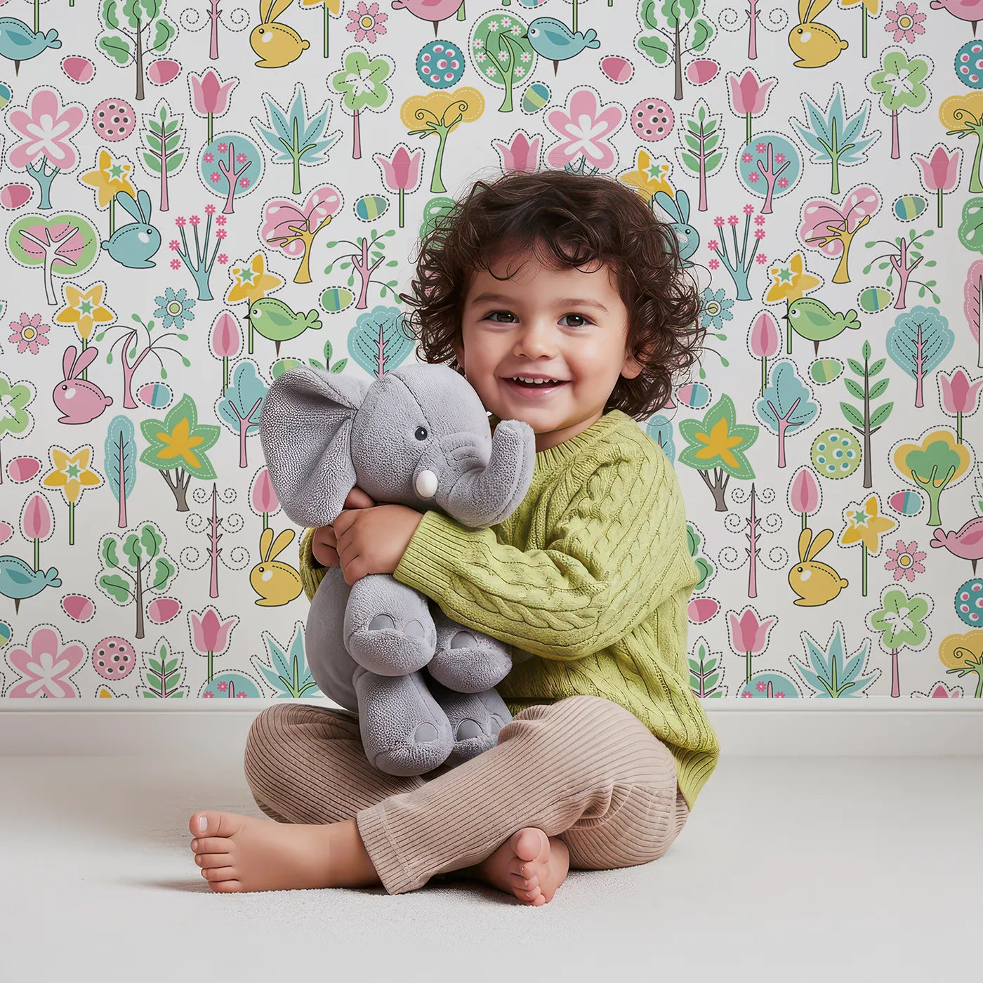 Lovely child standing in front of Whimsy Tots Patchwork Spring Garden Wallpaper with patchwork, spring, animal, tree, flower in design.