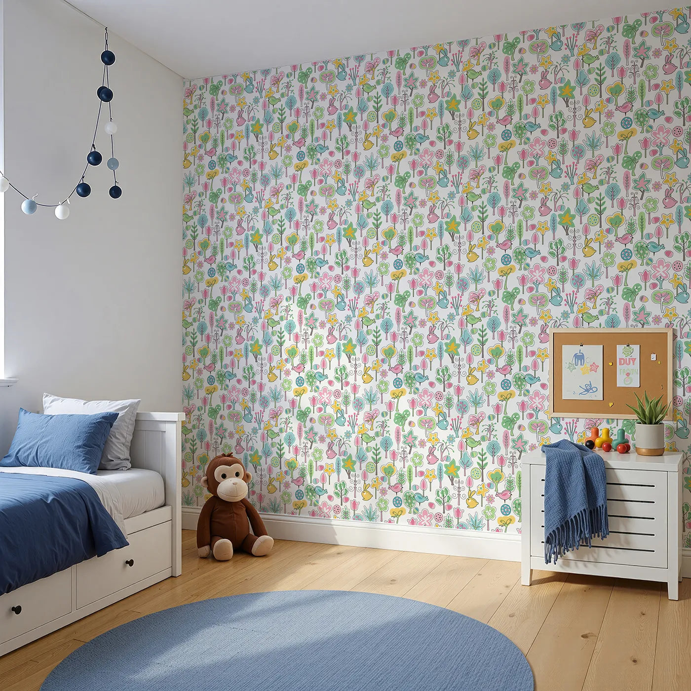 Angled view of Whimsy Tots' Patchwork Spring Garden Wallpaper (W2349).Where a whole garden of cute critters and plants are like a cozy quilt.