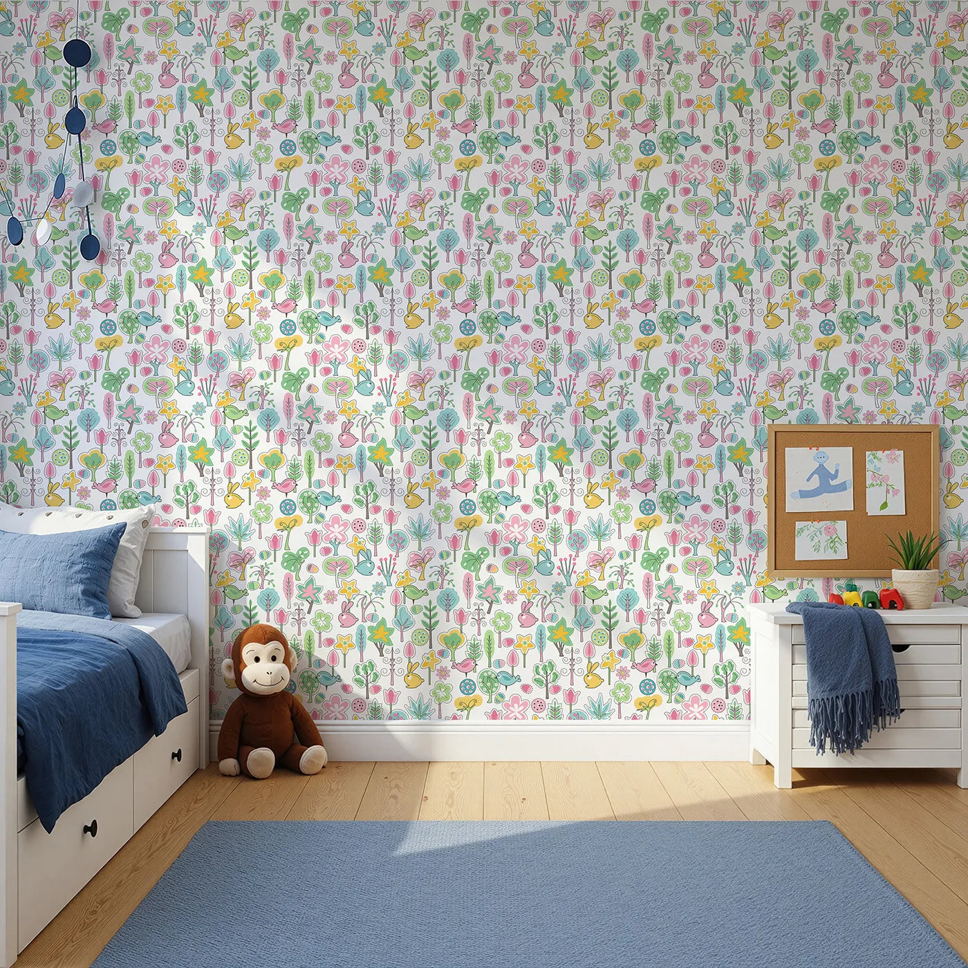 Front view of Whimsy Tots' Patchwork Spring Garden Wallpaper