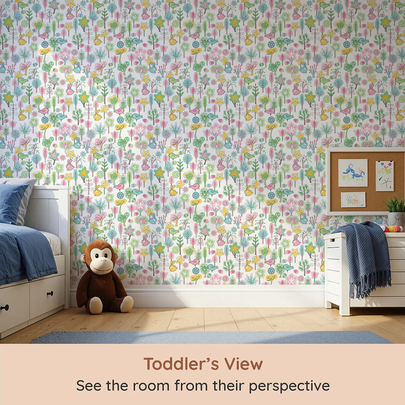 Whimsy Tots Patchwork Spring Garden Wallpaper (W2349) from your child's view.Where a whole garden of cute critters and plants are like a cozy quilt.