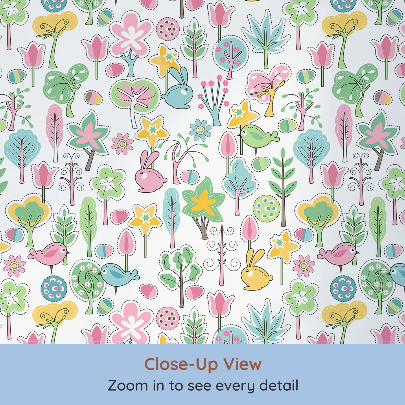Close-up view of Whimsy Tots' Patchwork Spring Garden Wallpaper (W2349).Where a whole garden of cute critters and plants are like a cozy quilt.