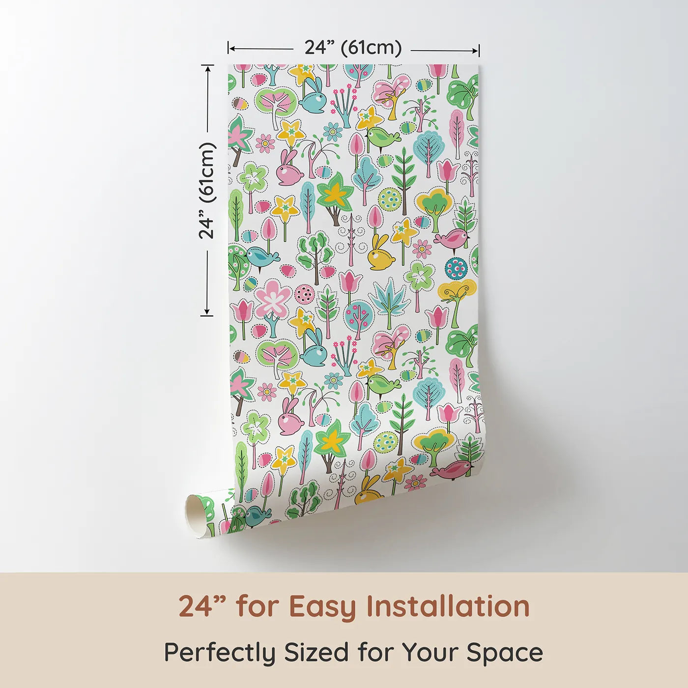 Dimension view of Whimsy Tots Patchwork Spring Garden Wallpaper (W2349). Printed in 24-inch-wide panel for easy installation. Where a whole garden of cute critters and plants are like a cozy quilt.