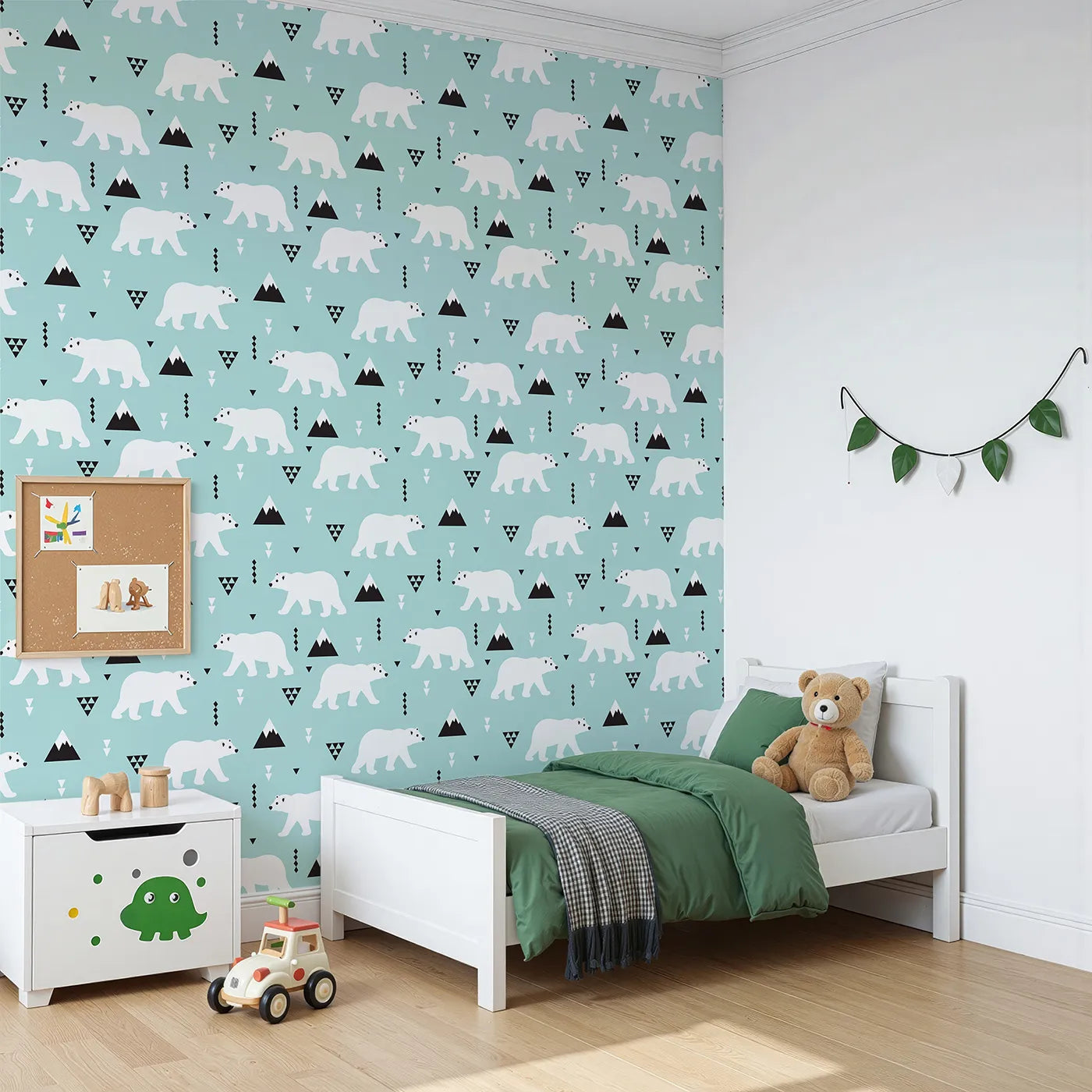 Angled view of Whimsy Tots' Geometric Polar Bear Mountains Wallpaper (W2350).Where graphic polar bears roam a world of geometric mountains.