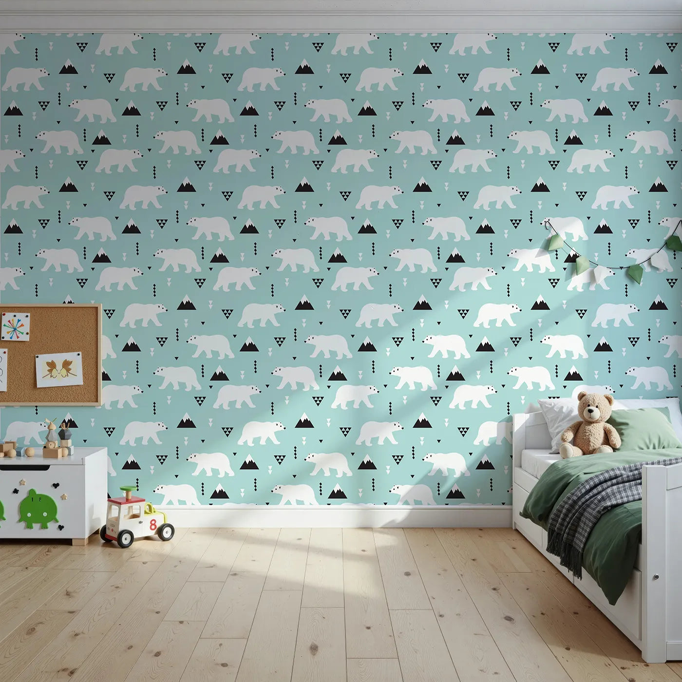 Front view of Whimsy Tots' Geometric Polar Bear Mountains Wallpaper