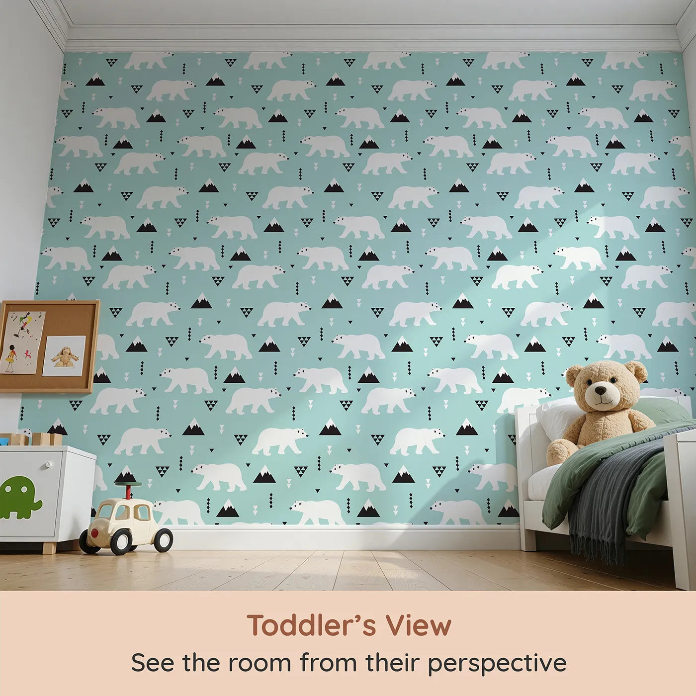 Whimsy Tots Geometric Polar Bear Mountains Wallpaper (W2350) from your child's view.Where graphic polar bears roam a world of geometric mountains.