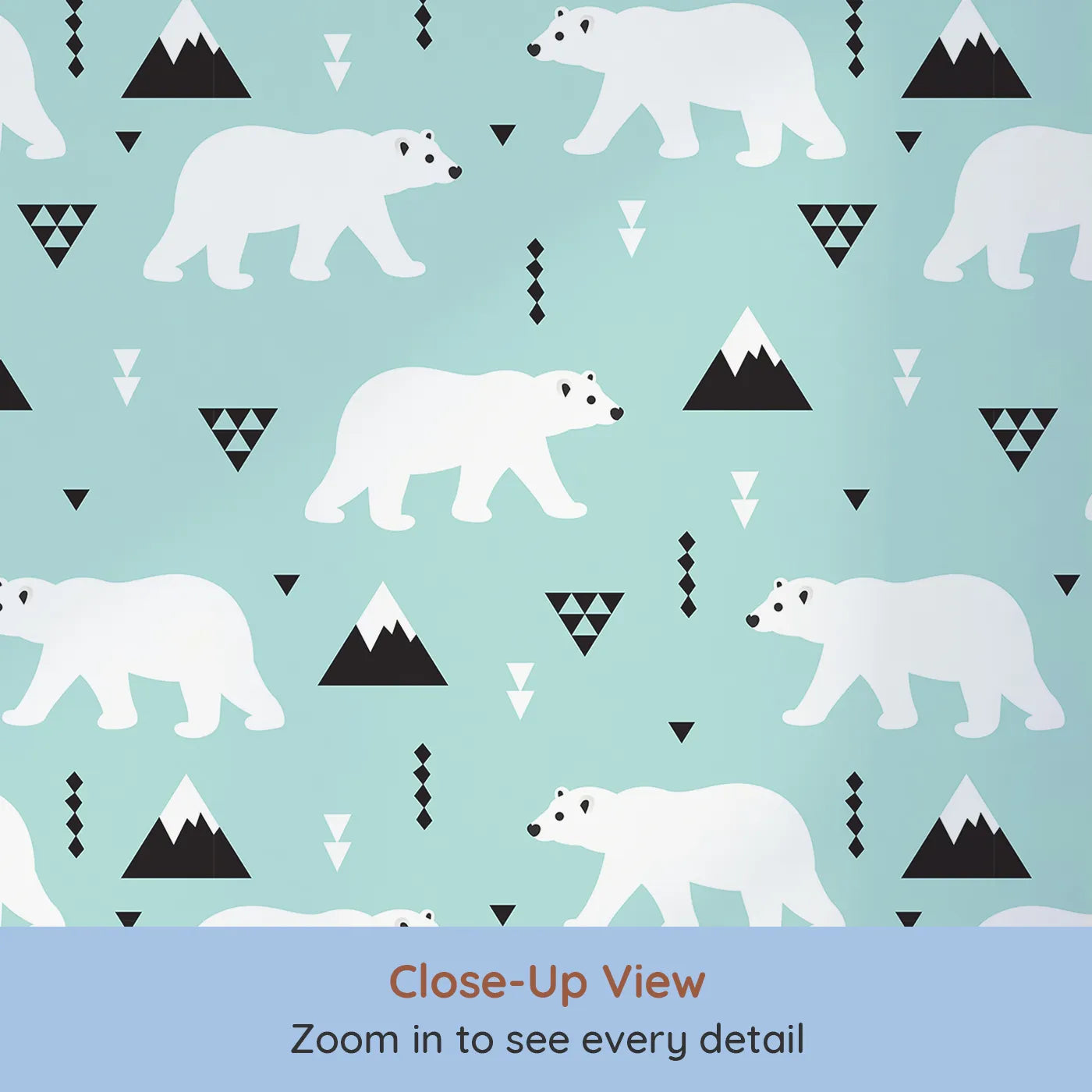 Close-up view of Whimsy Tots' Geometric Polar Bear Mountains Wallpaper (W2350).Where graphic polar bears roam a world of geometric mountains.