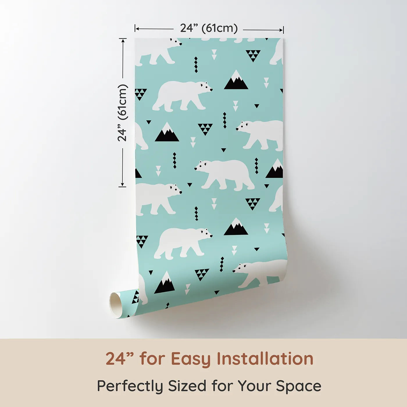 Dimension view of Whimsy Tots Geometric Polar Bear Mountains Wallpaper (W2350). Printed in 24-inch-wide panel for easy installation. Where graphic polar bears roam a world of geometric mountains.