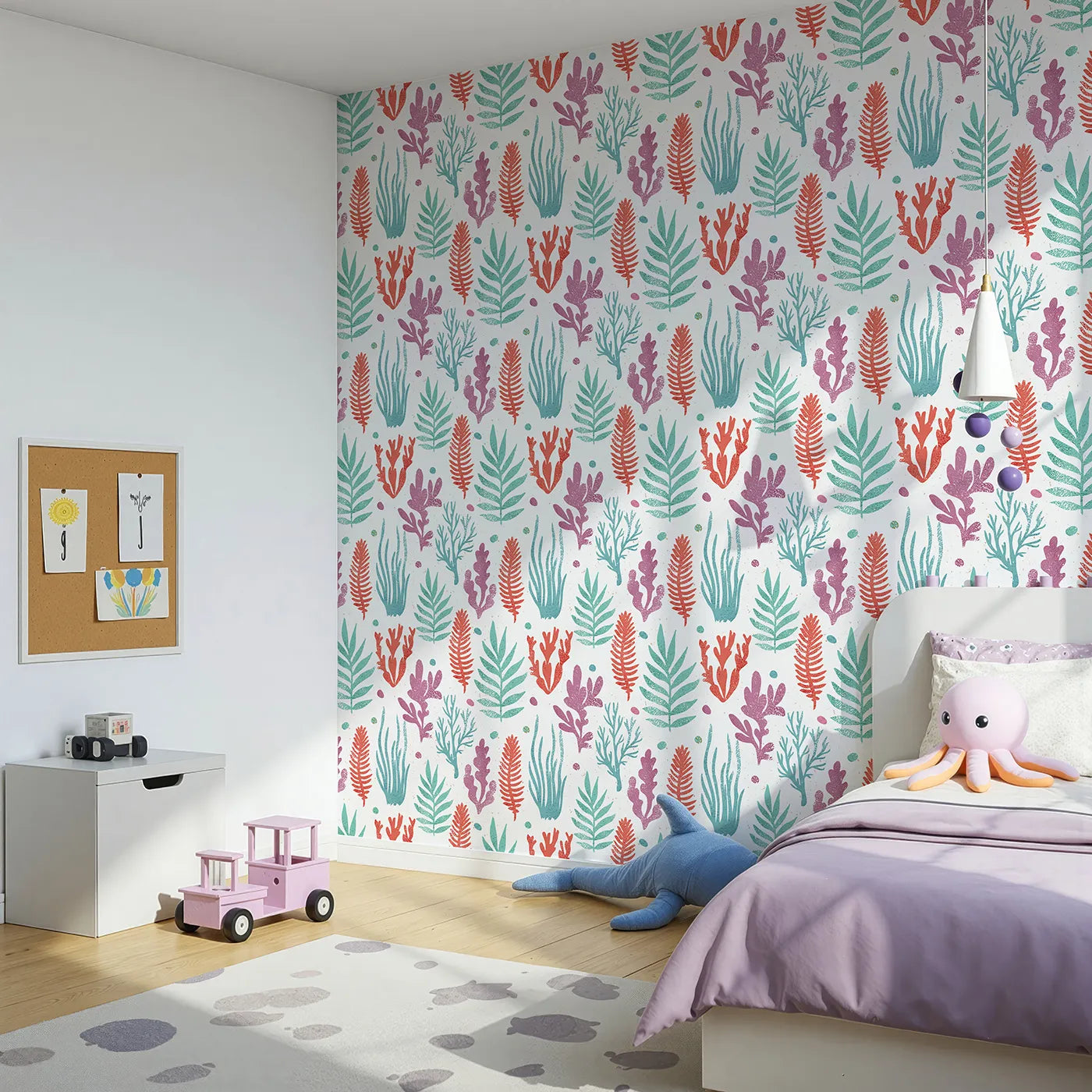 Angled view of Whimsy Tots' Textured Seaweed Garden Wallpaper (W2351).Where a colorful garden of seaweed sways in the current.