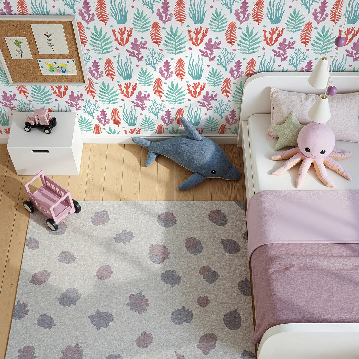 Top-Down view of Whimsy Tots' Textured Seaweed Garden Wallpaper (W2351).Where a colorful garden of seaweed sways in the current.