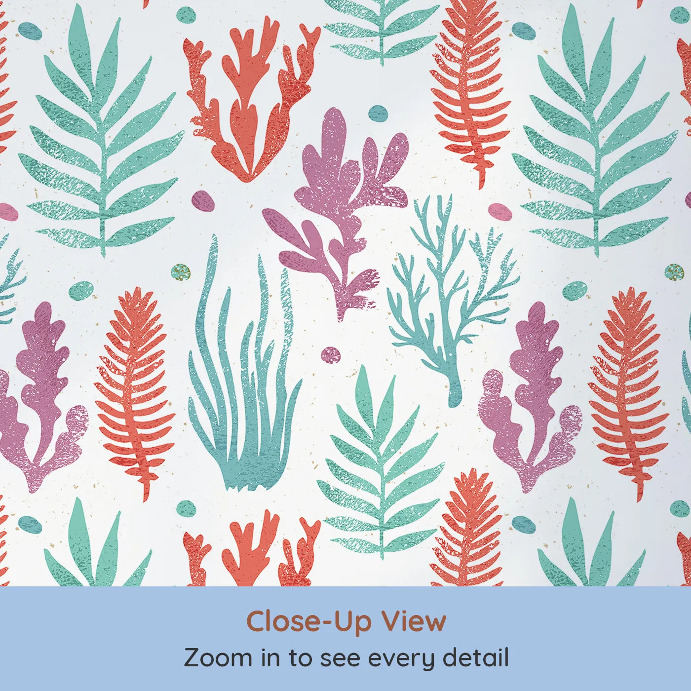 Close-up view of Whimsy Tots' Textured Seaweed Garden Wallpaper (W2351).Where a colorful garden of seaweed sways in the current.