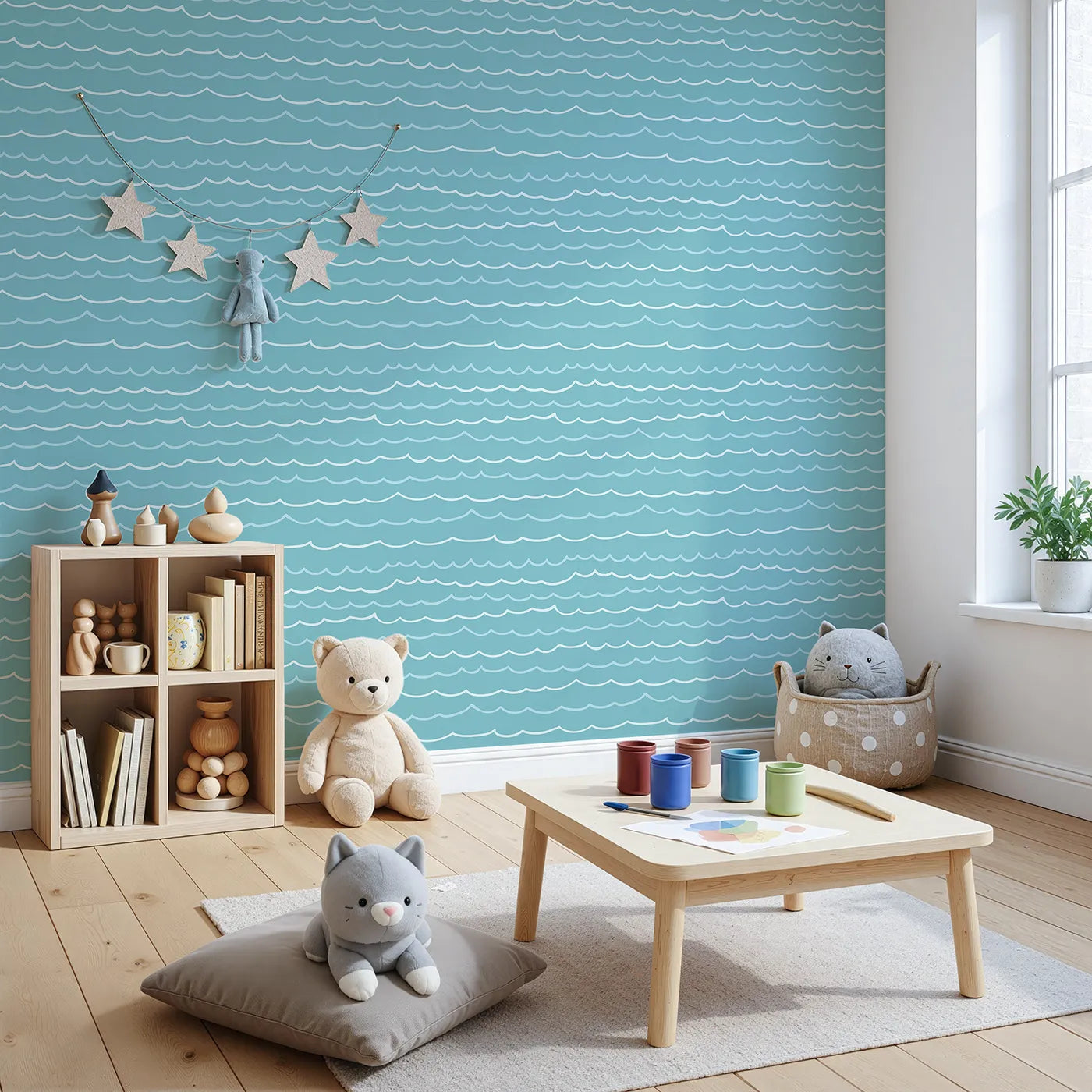 Angled view of Whimsy Tots' Simple Ocean Waves Wallpaper (W2352).Where a simple, endless pattern of waves creates a world of peace.