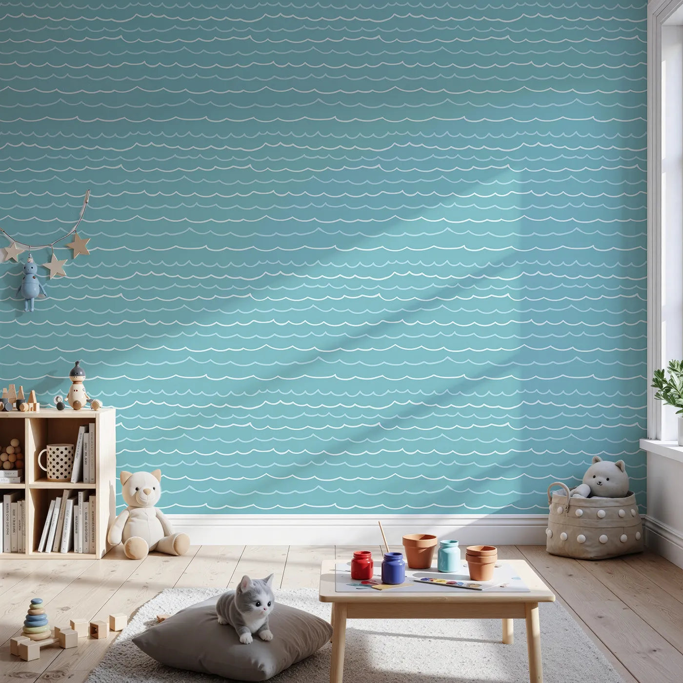 Front view of Whimsy Tots' Simple Ocean Waves Wallpaper