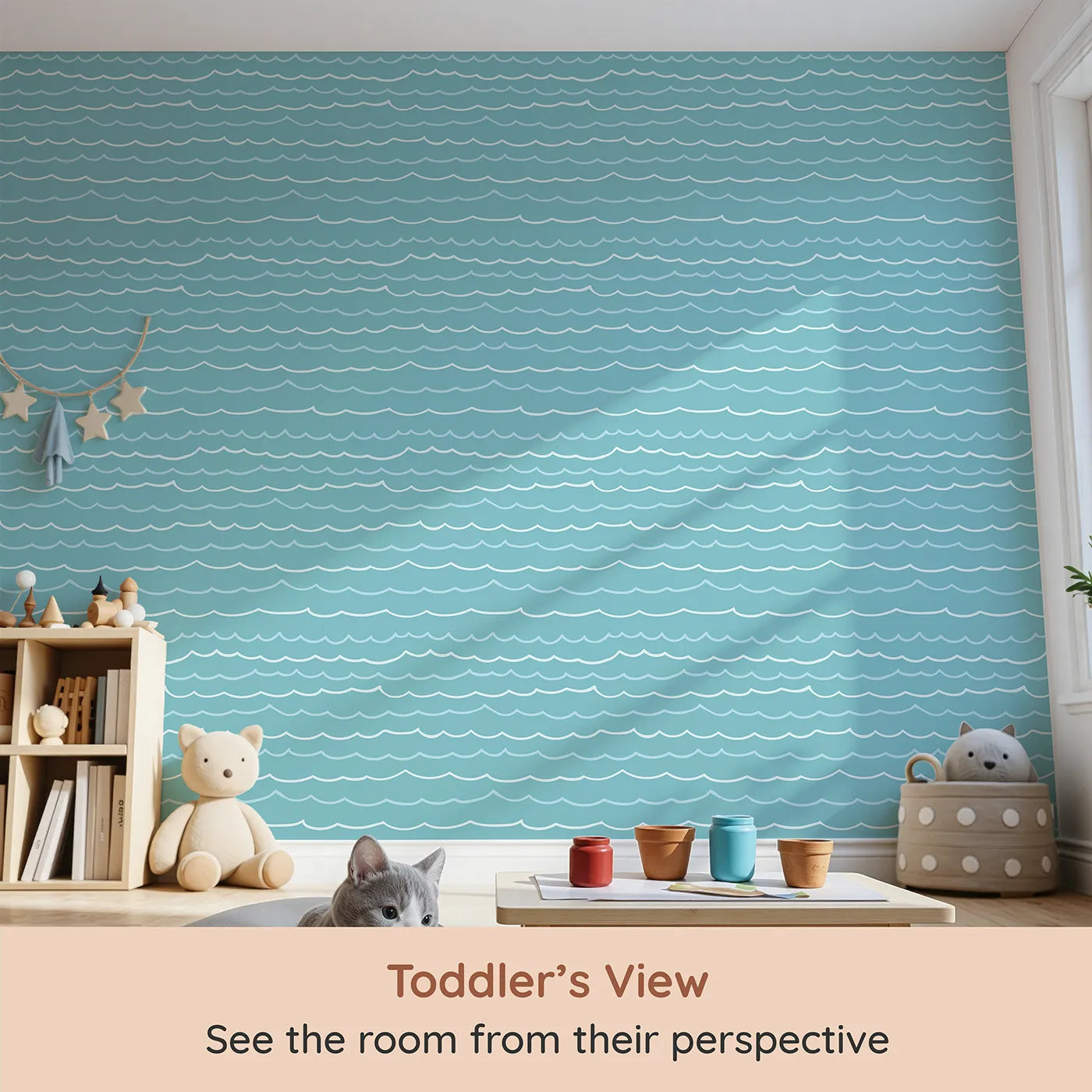 Whimsy Tots Simple Ocean Waves Wallpaper (W2352) from your child's view.Where a simple, endless pattern of waves creates a world of peace.