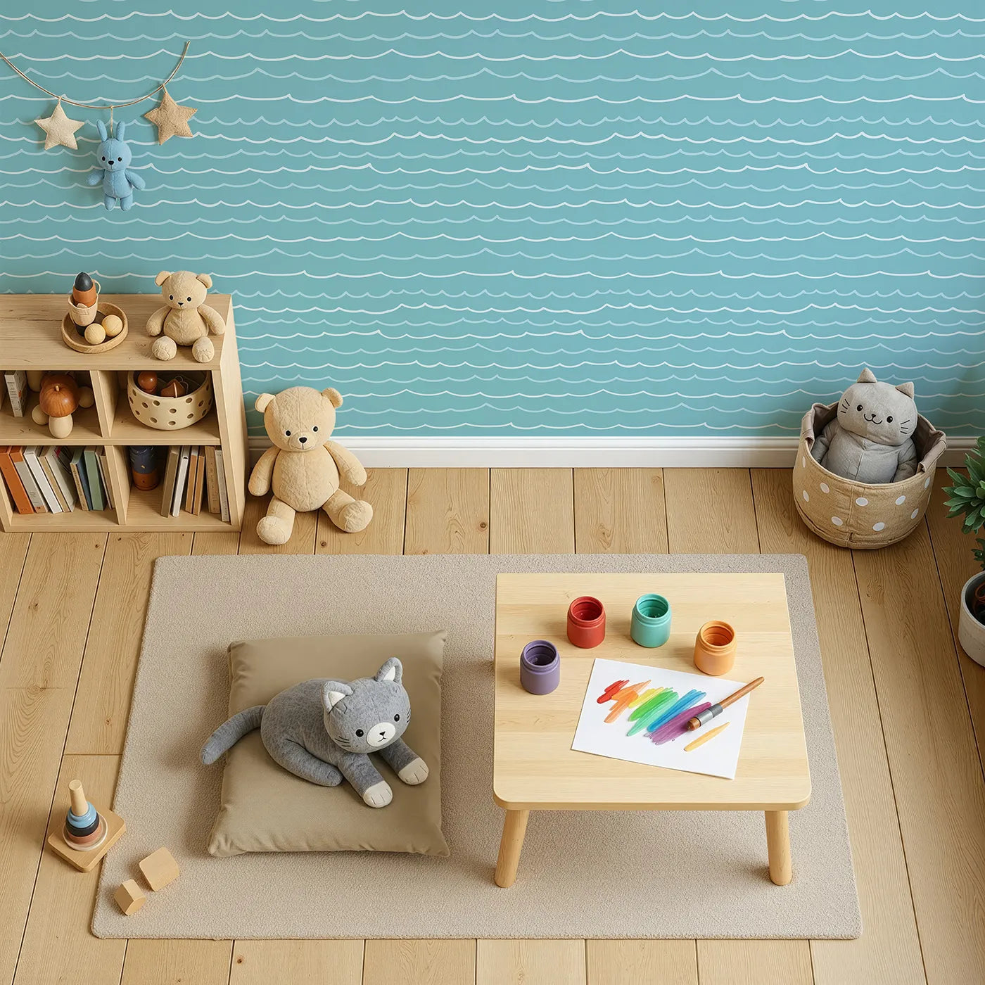 Top-Down view of Whimsy Tots' Simple Ocean Waves Wallpaper (W2352).Where a simple, endless pattern of waves creates a world of peace.