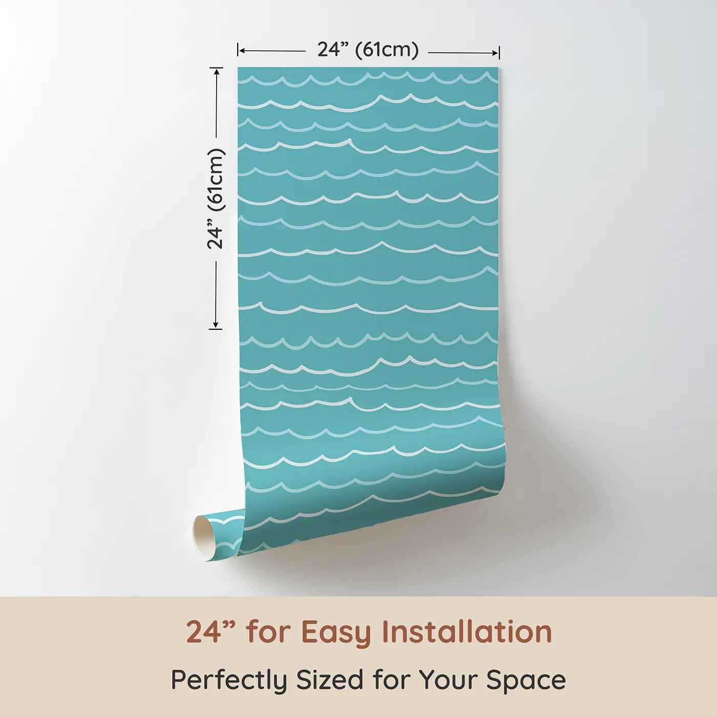 Dimension view of Whimsy Tots Simple Ocean Waves Wallpaper (W2352). Printed in 24-inch-wide panel for easy installation. Where a simple, endless pattern of waves creates a world of peace.