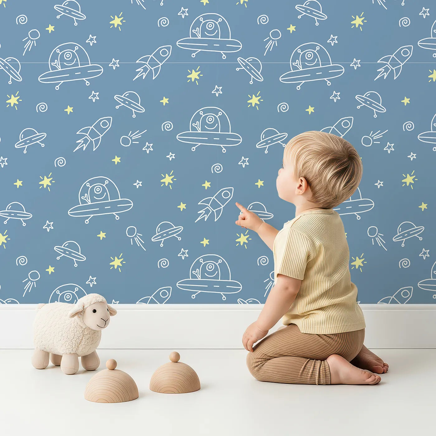 Lovely child standing in front of Whimsy Tots Alien Doodle Space Wallpaper with space, alien, ufo, rocket, doodle in design.