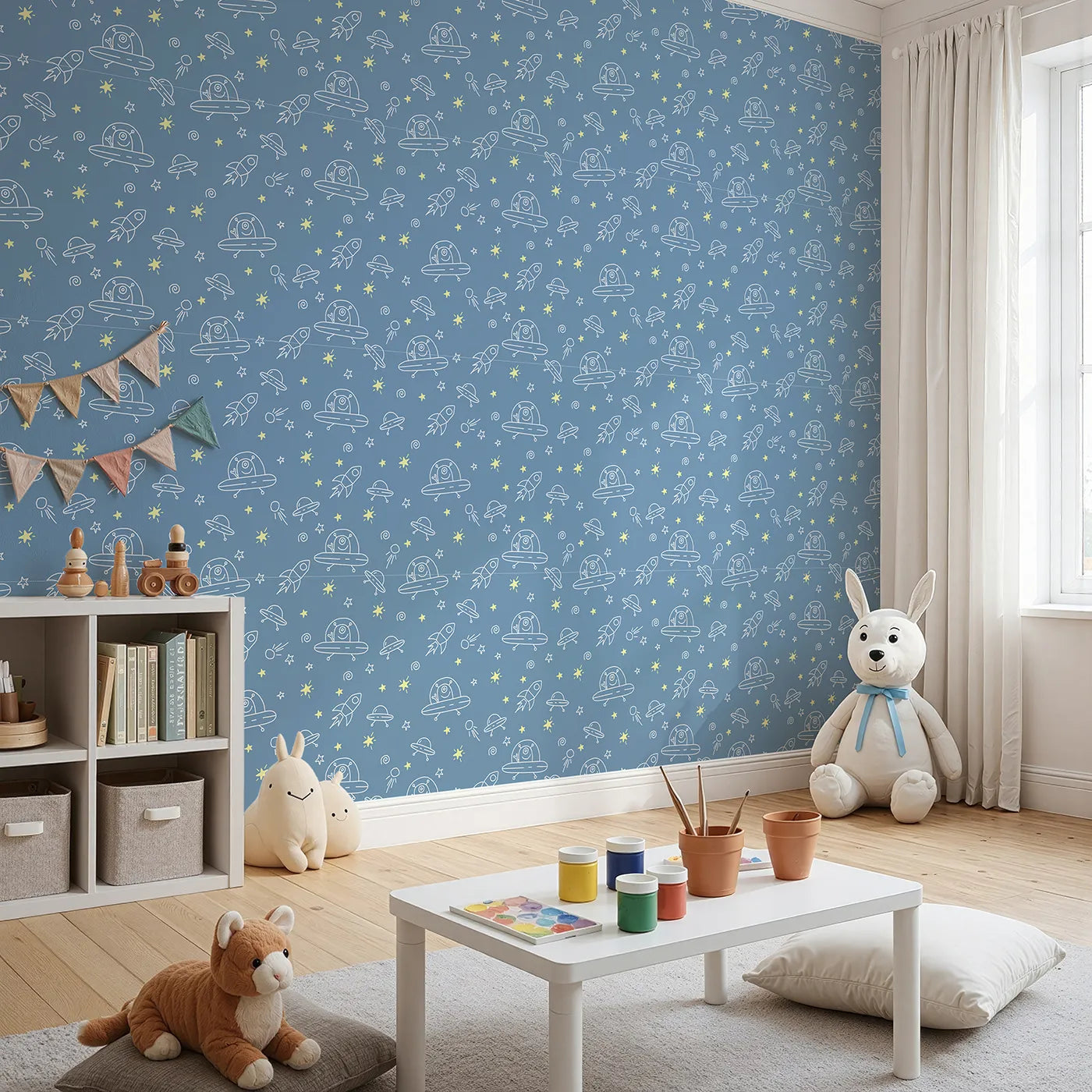 Angled view of Whimsy Tots' Alien Doodle Space Wallpaper (W2353).Where friendly aliens and their UFOs are ready to play.