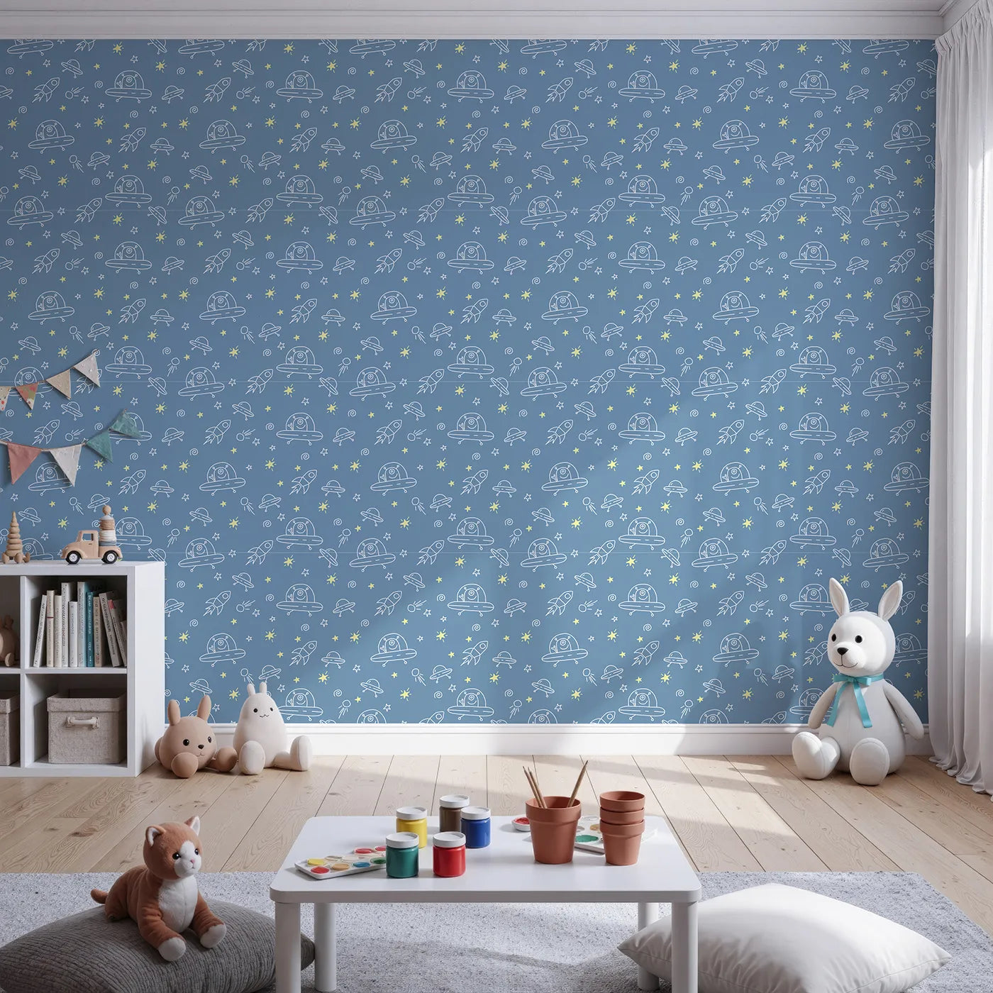 Front view of Whimsy Tots' Alien Doodle Space Wallpaper