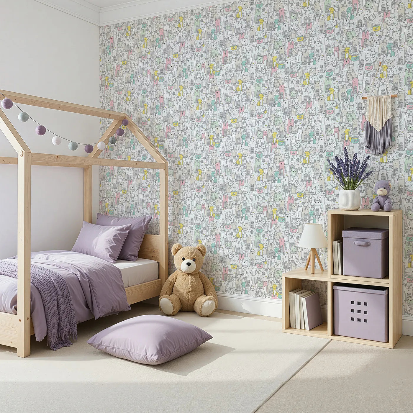 Angled view of Whimsy Tots' Pastel Cat Party Wallpaper (W2354).Where a whole crowd of cool, colorful cats is ready to hang out.
