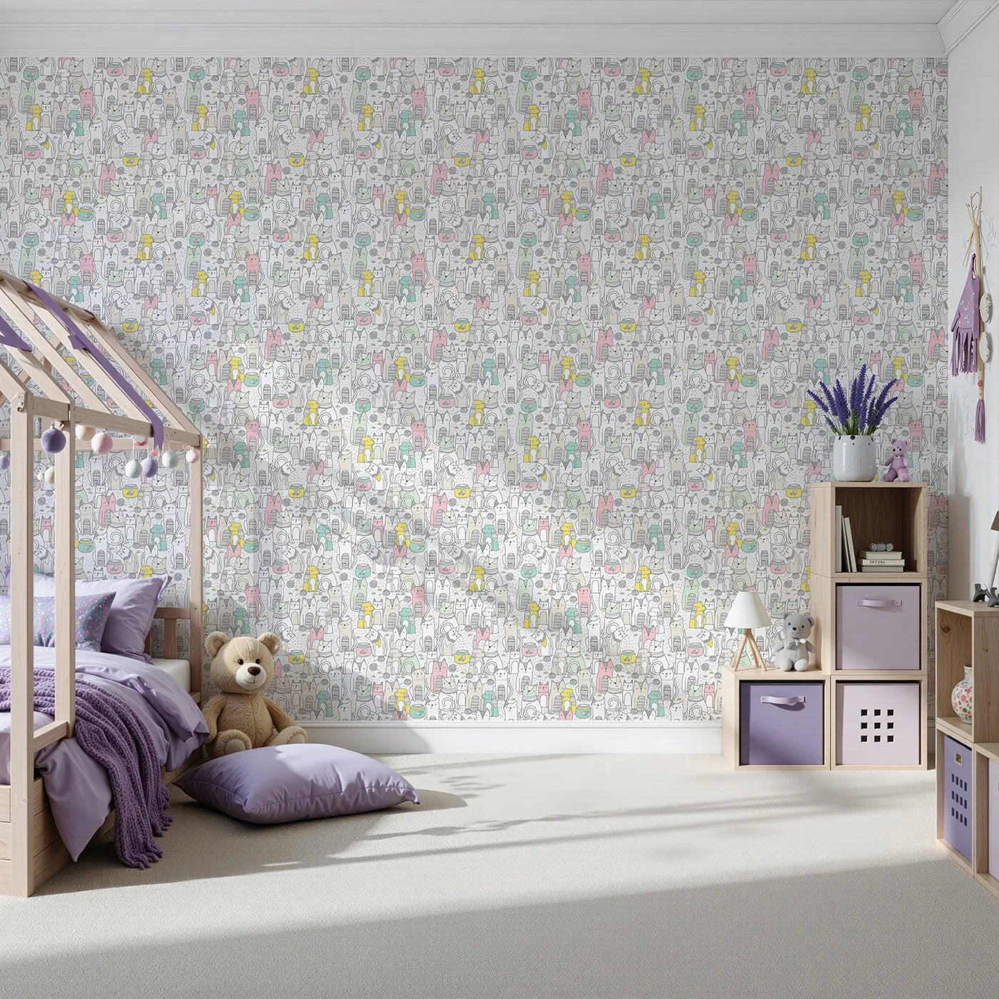 Front view of Whimsy Tots' Pastel Cat Party Wallpaper