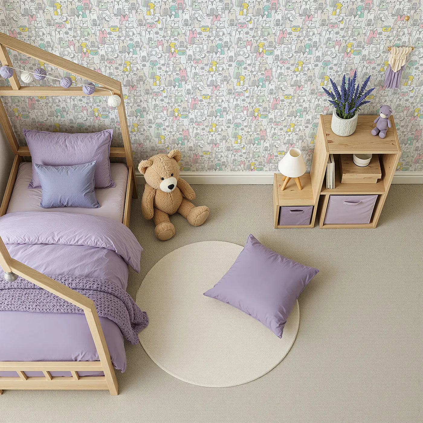 Top-Down view of Whimsy Tots' Pastel Cat Party Wallpaper (W2354).Where a whole crowd of cool, colorful cats is ready to hang out.