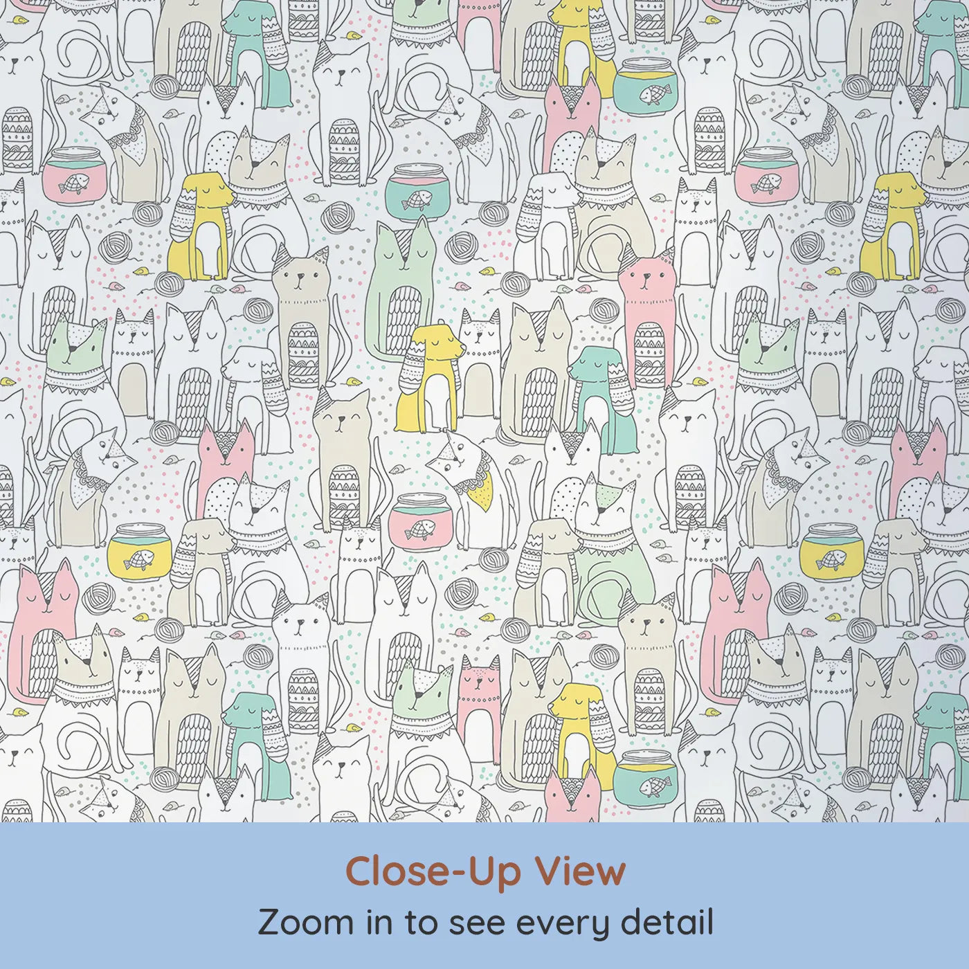 Close-up view of Whimsy Tots' Pastel Cat Party Wallpaper (W2354).Where a whole crowd of cool, colorful cats is ready to hang out.