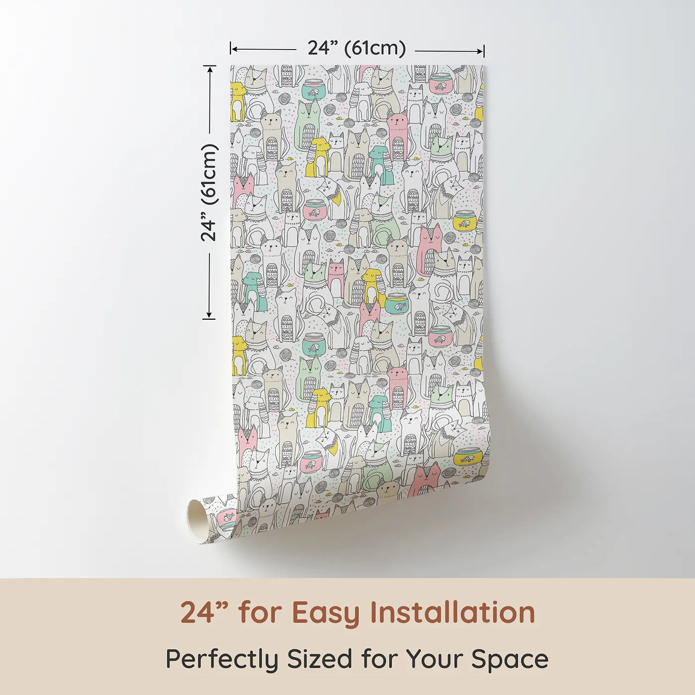 Dimension view of Whimsy Tots Pastel Cat Party Wallpaper (W2354). Printed in 24-inch-wide panel for easy installation. Where a whole crowd of cool, colorful cats is ready to hang out.