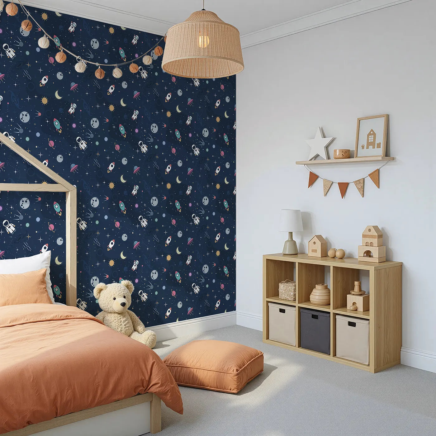 Angled view of Whimsy Tots' Flat Graphic Space Wallpaper (W2355).Where a cosmic adventure is always ready for launch.