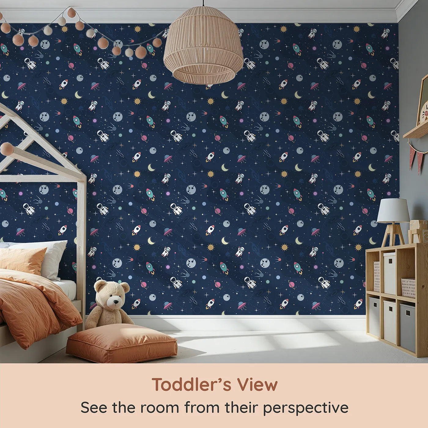 Whimsy Tots Flat Graphic Space Wallpaper (W2355) from your child's view.Where a cosmic adventure is always ready for launch.