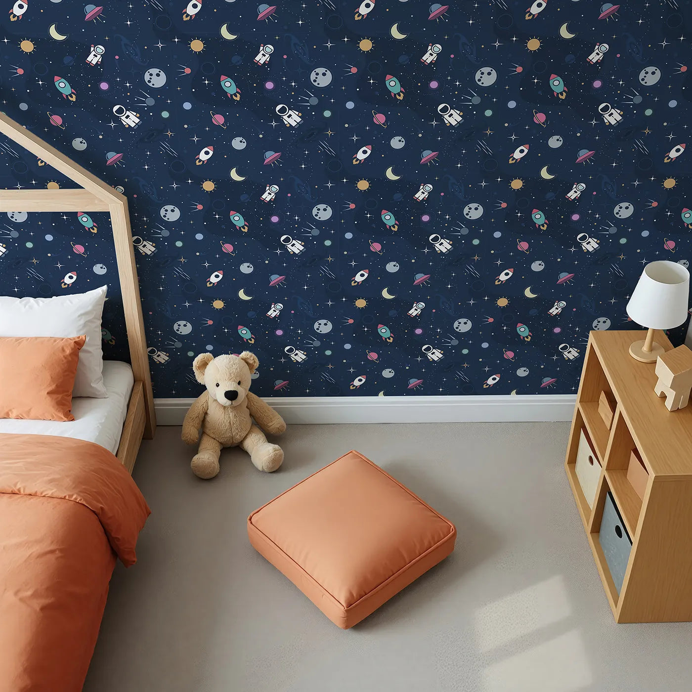 Top-Down view of Whimsy Tots' Flat Graphic Space Wallpaper (W2355).Where a cosmic adventure is always ready for launch.