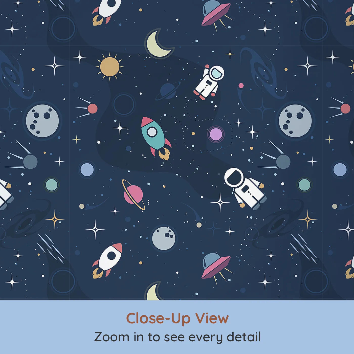 Close-up view of Whimsy Tots' Flat Graphic Space Wallpaper (W2355).Where a cosmic adventure is always ready for launch.