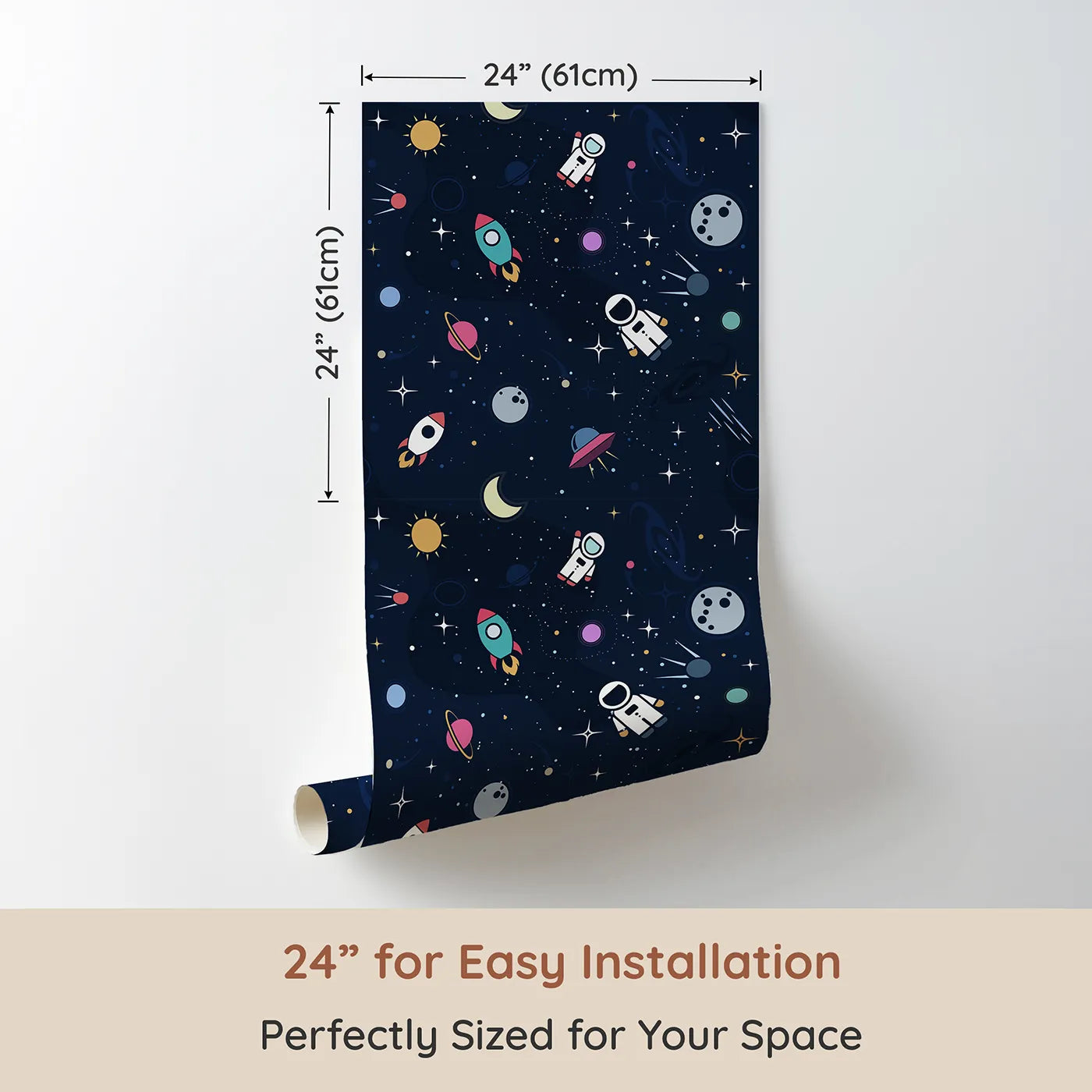 Dimension view of Whimsy Tots Flat Graphic Space Wallpaper (W2355). Printed in 24-inch-wide panel for easy installation. Where a cosmic adventure is always ready for launch.