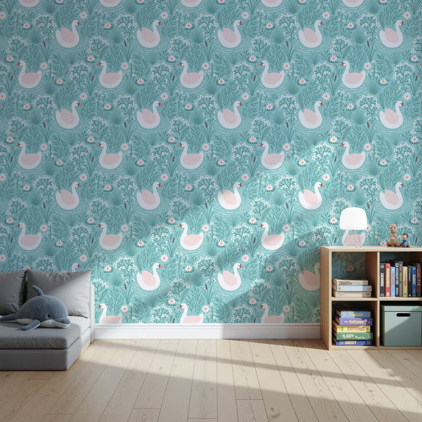 Front view of Whimsy Tots' Elegant Swan Lake Wallpaper